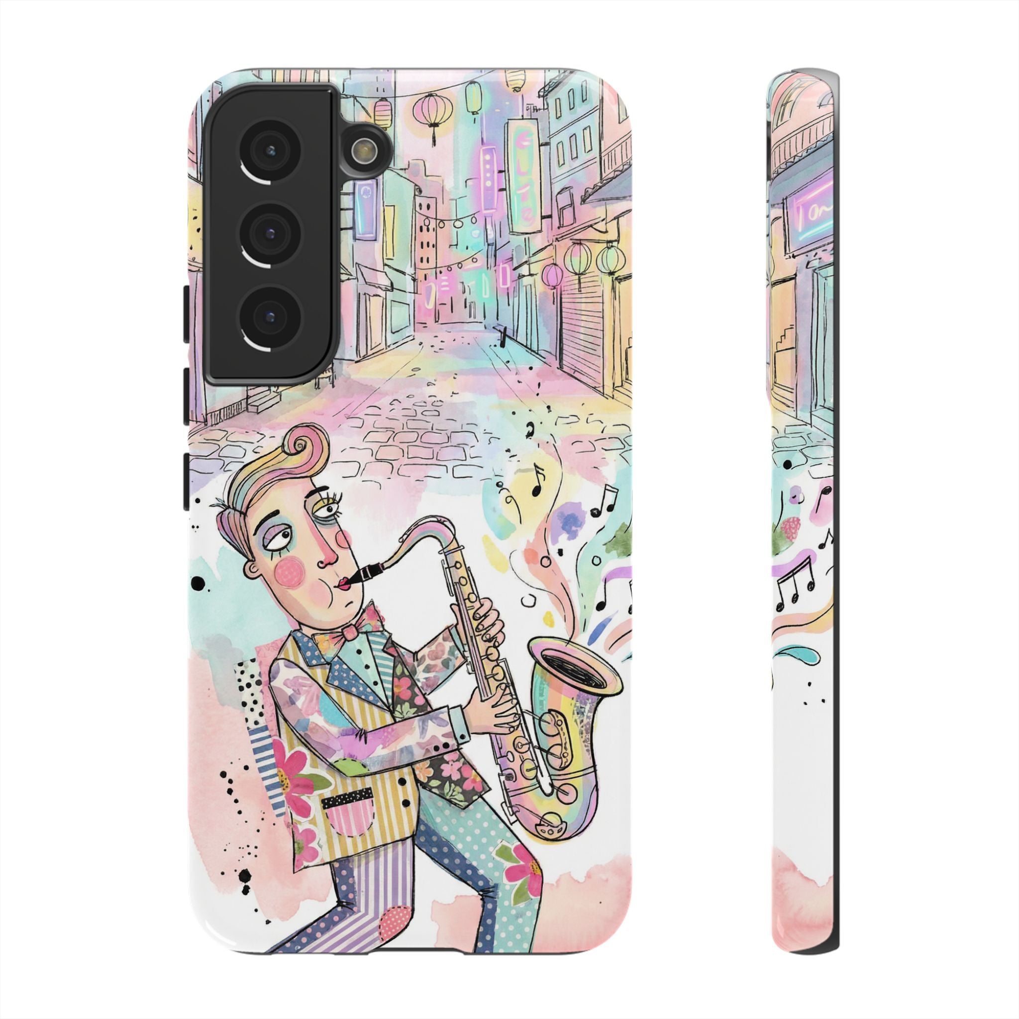 Sax Player Art Samsung Galaxy Phone Case | Pastel Jazz Street Illustration