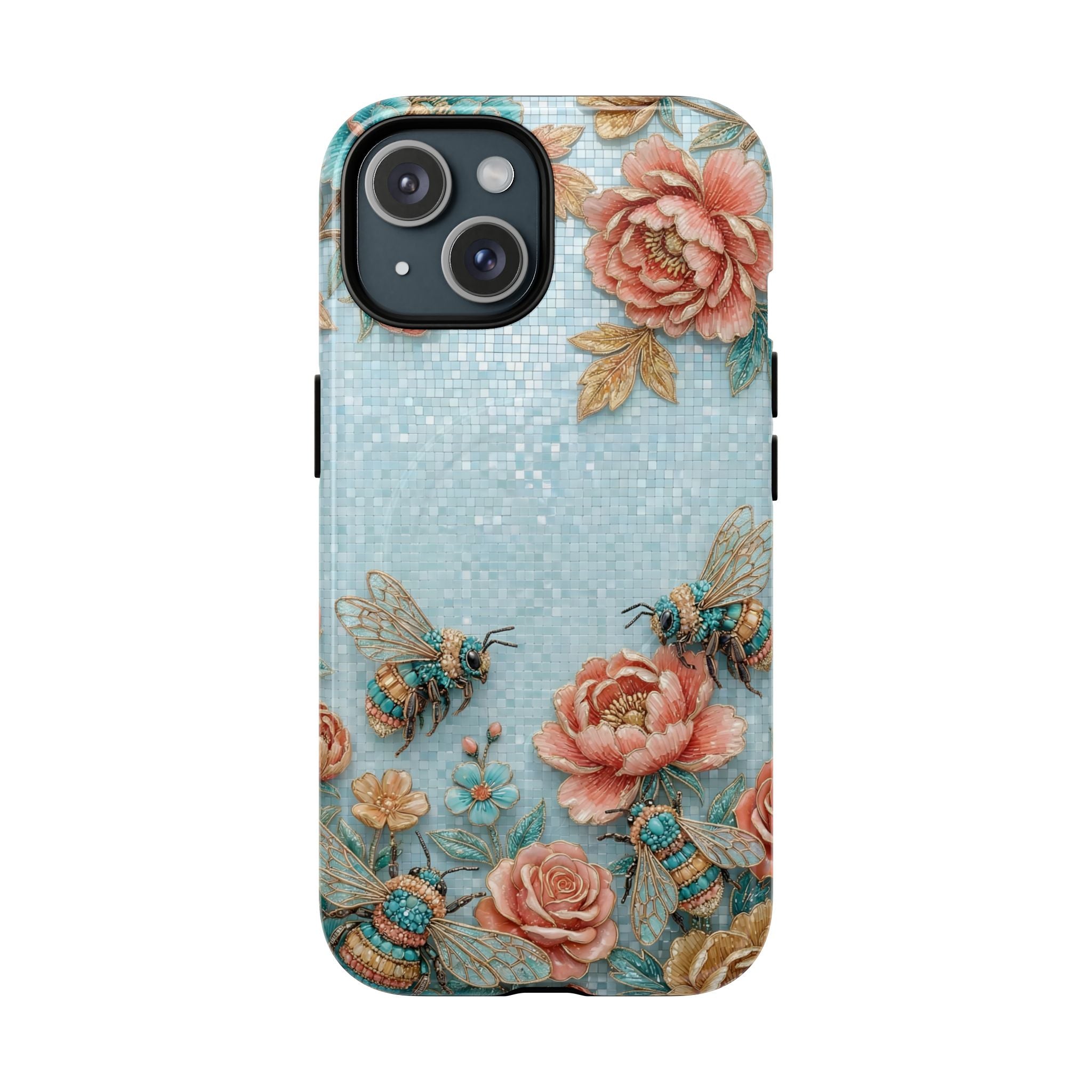 Floral Bees MagSafe iPhone Case | Vintage Rose & Turquoise Protective Cover
