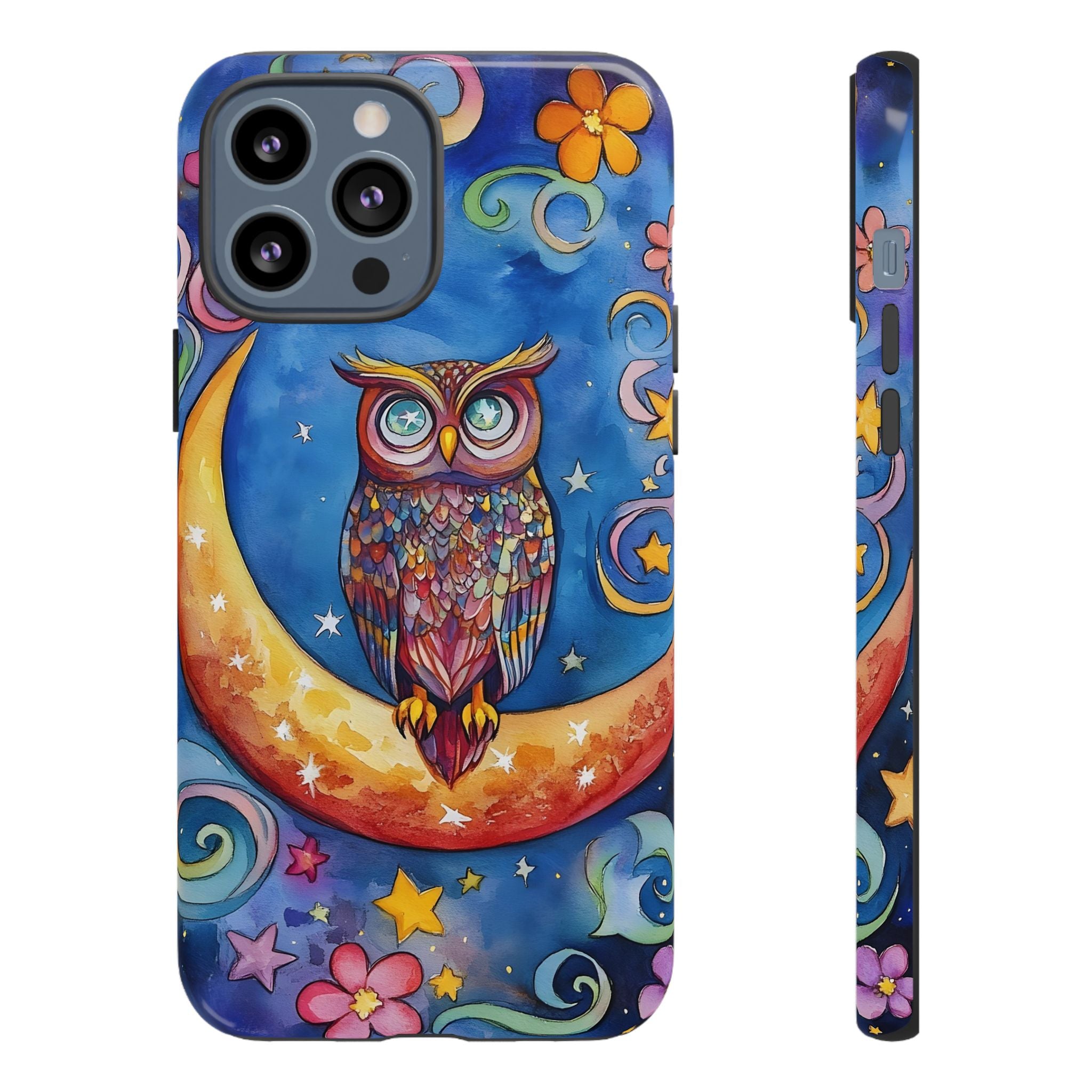 Owl on Crescent Moon iPhone Case — Colourful Whimsical Night Sky Design