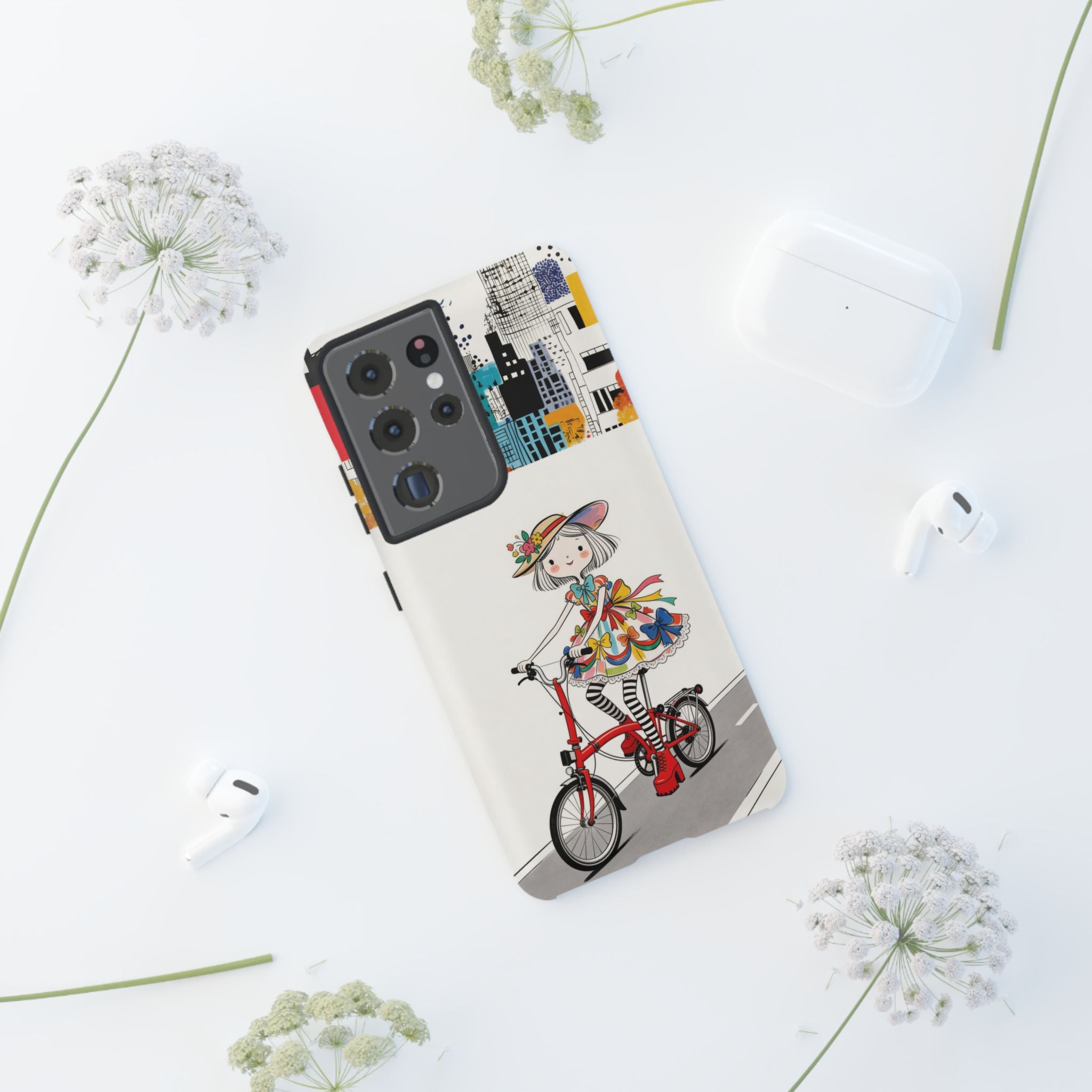 Whimsical Girl on Brompton Bicycle Urban Illustration Samsung Galaxy Phone Case