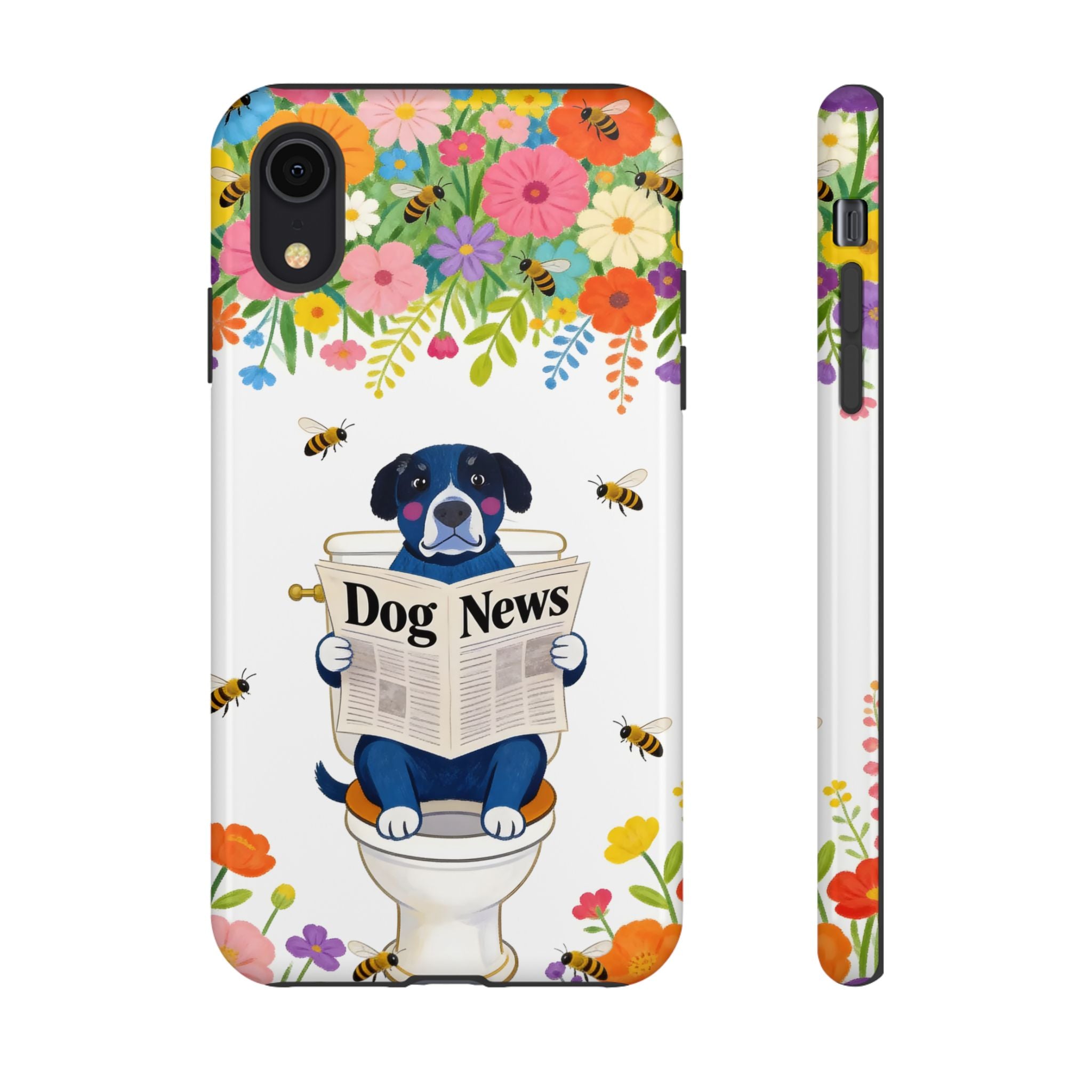 Dog News Floral iPhone Case | Cute Dog on Toilet Pattern, Spring Floral iPhone Cover