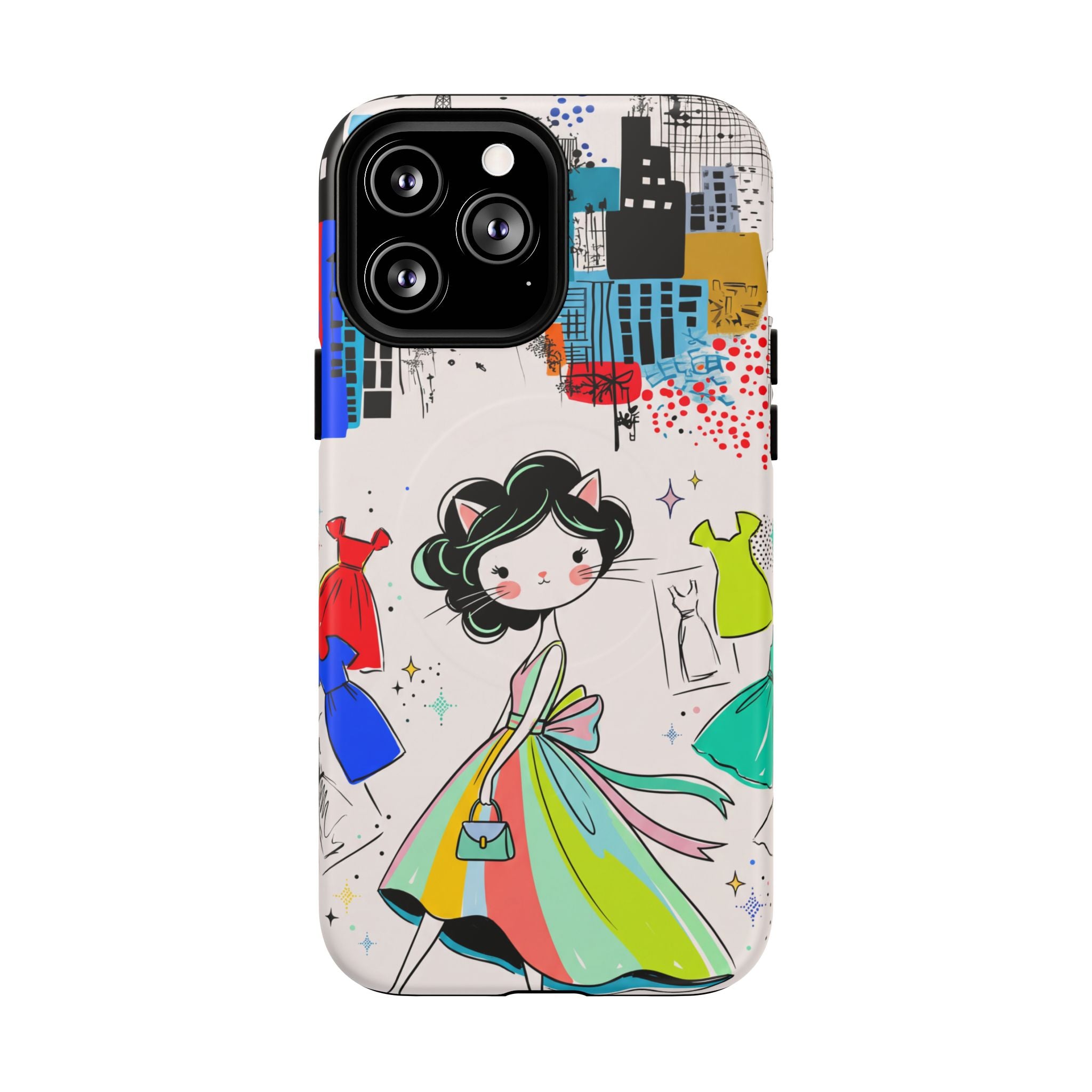 Retro Fashion Cat Girl MagSafe iPhone Case | Cute Dress & City Print