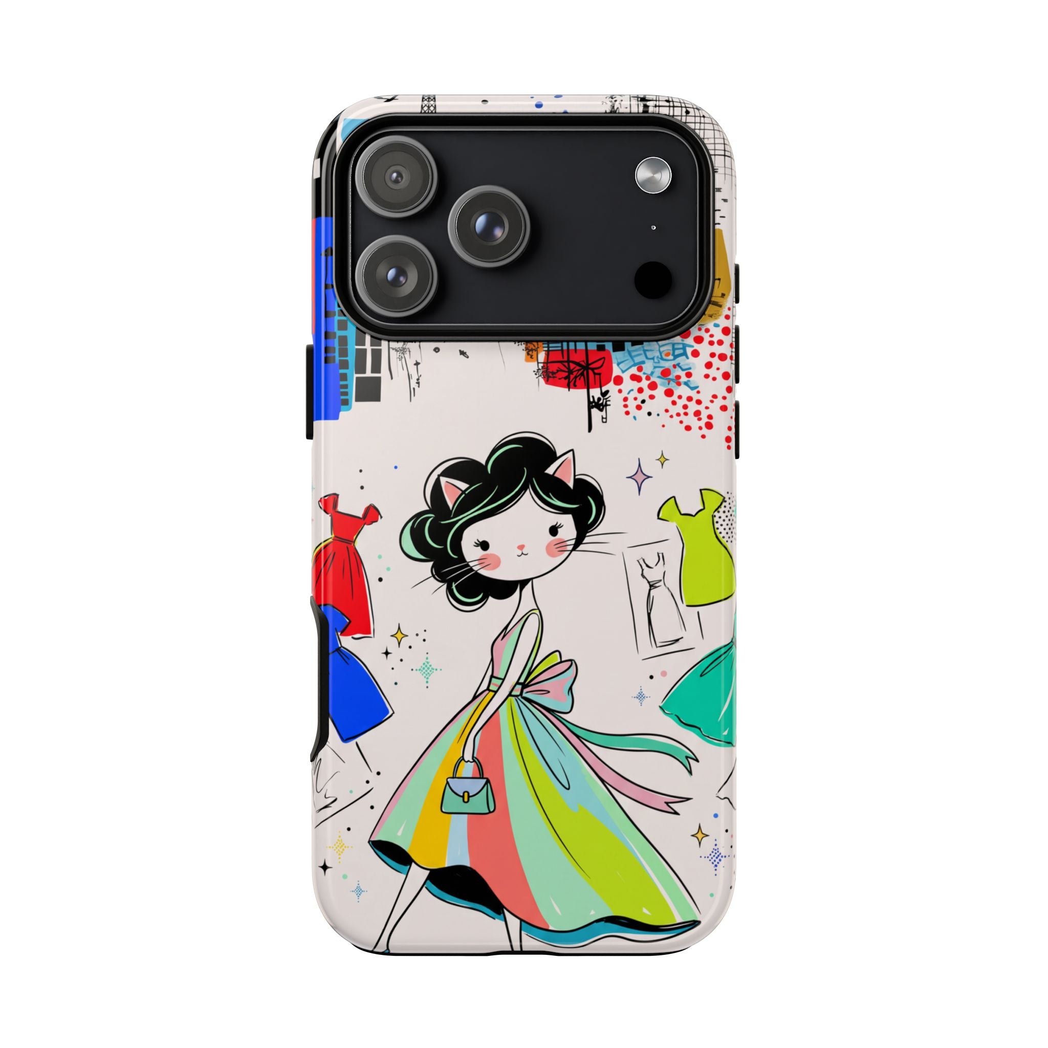 Retro Fashion Cat Girl iPhone Case | Cute Dress & City Print