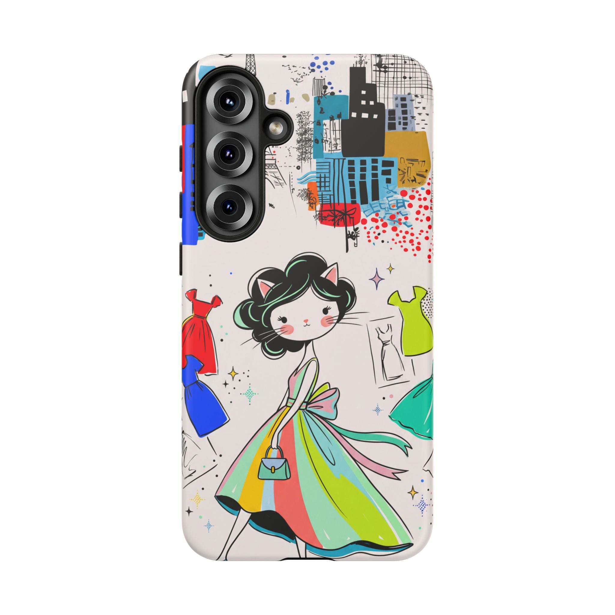 Retro Fashion Cat Girl Samsung Galaxy Phone Case | Cute Dress & City Print