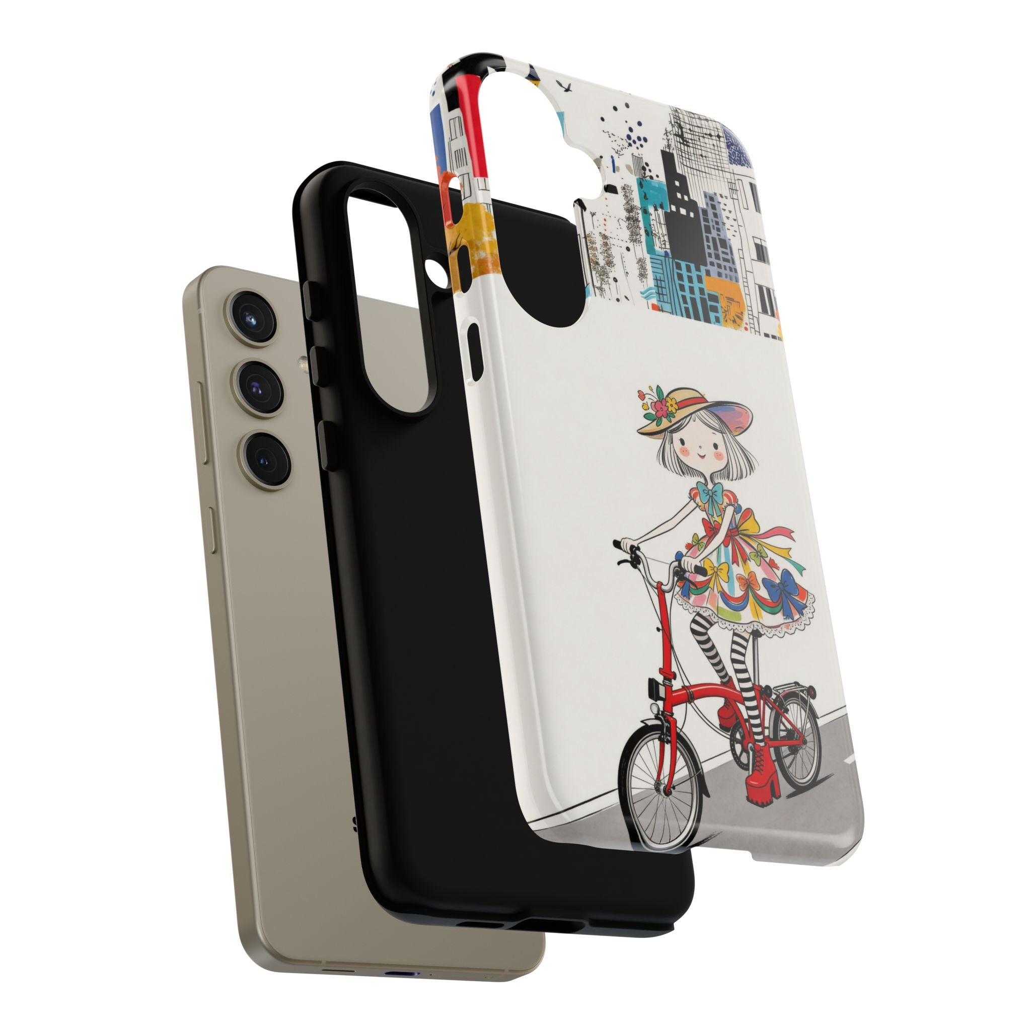 Whimsical Girl on Brompton Bicycle Urban Illustration Samsung Galaxy Phone Case