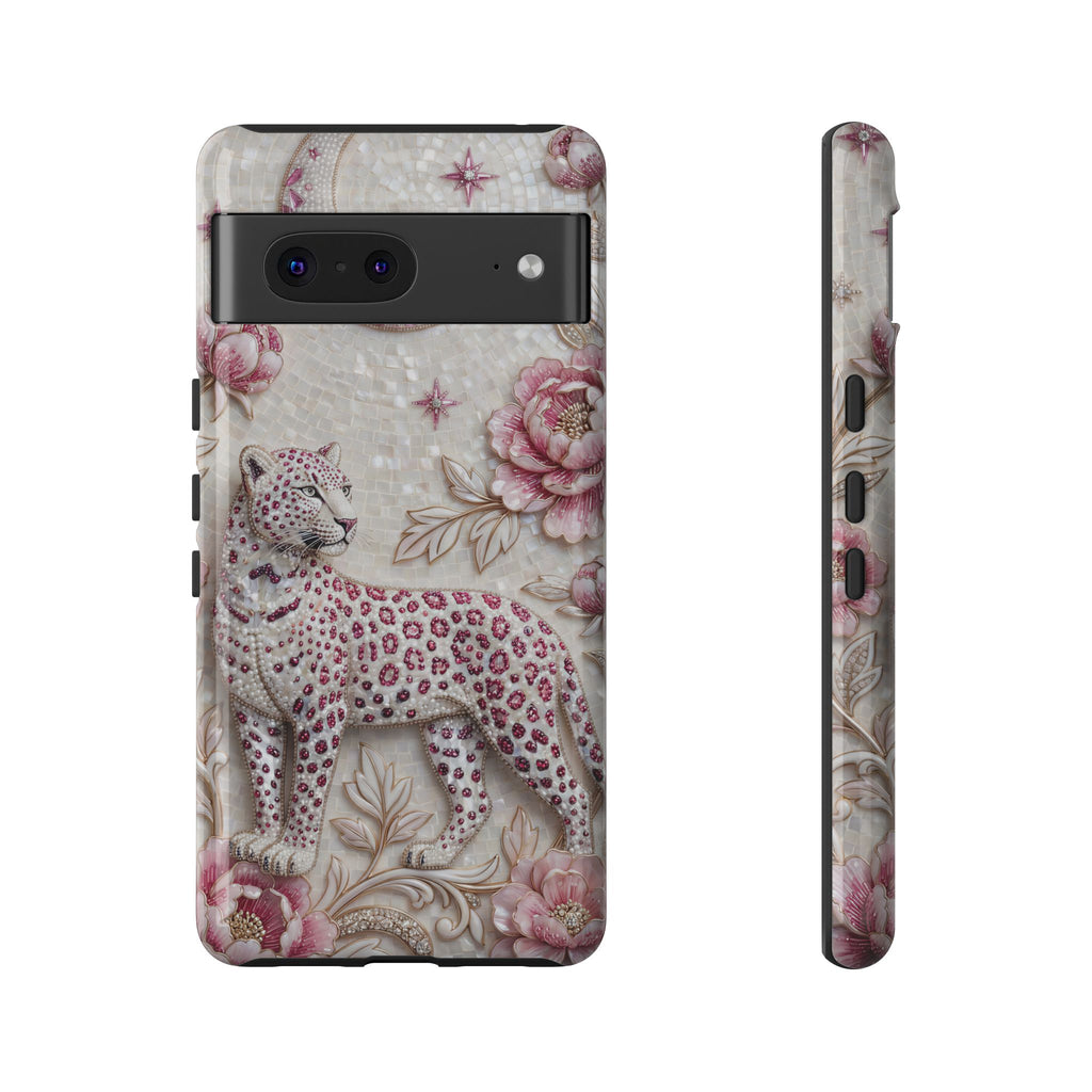 Cover Protettiva Botanica Vintage Rosa per Google Pixel con Leopardo Floreale e Luna