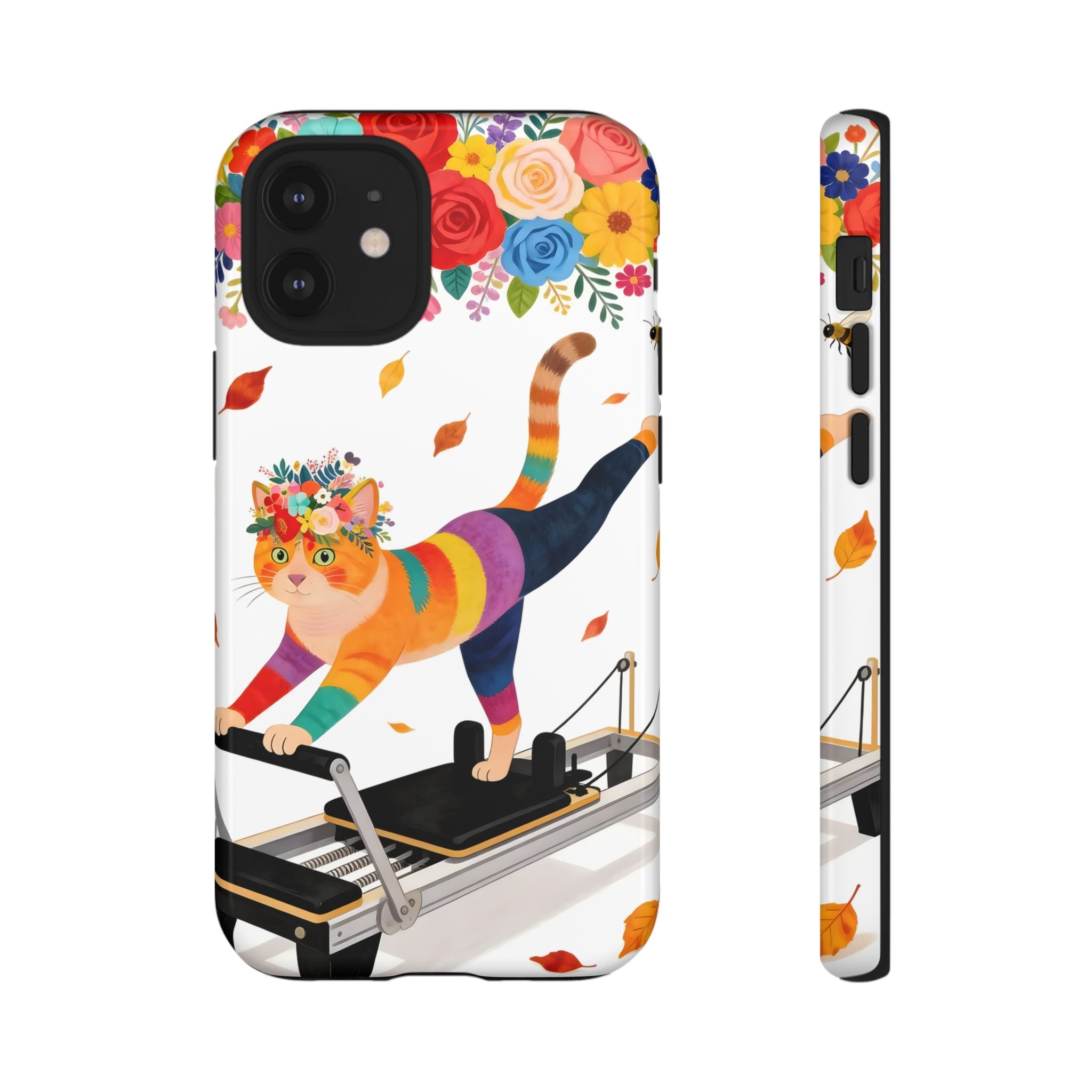 Cat Pilates iPhone Case | Floral Rainbow Cat on Reformer