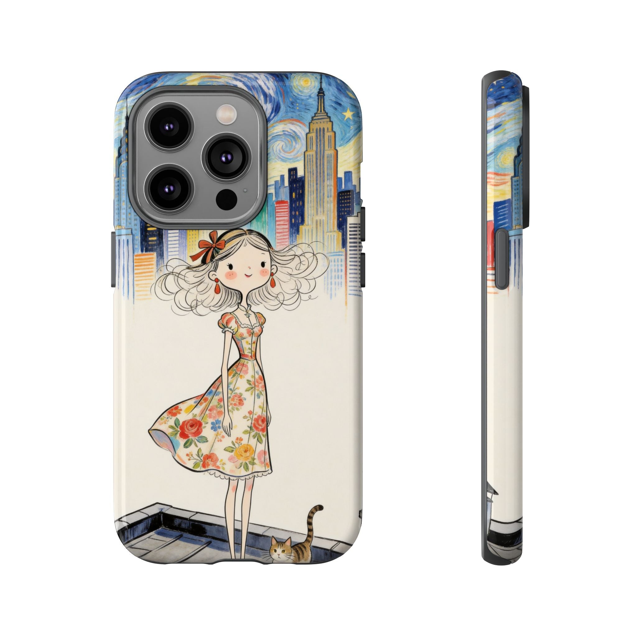 Artistic Girl Cityscape iPhone Case | Cute Floral Dress Rooftop Design
