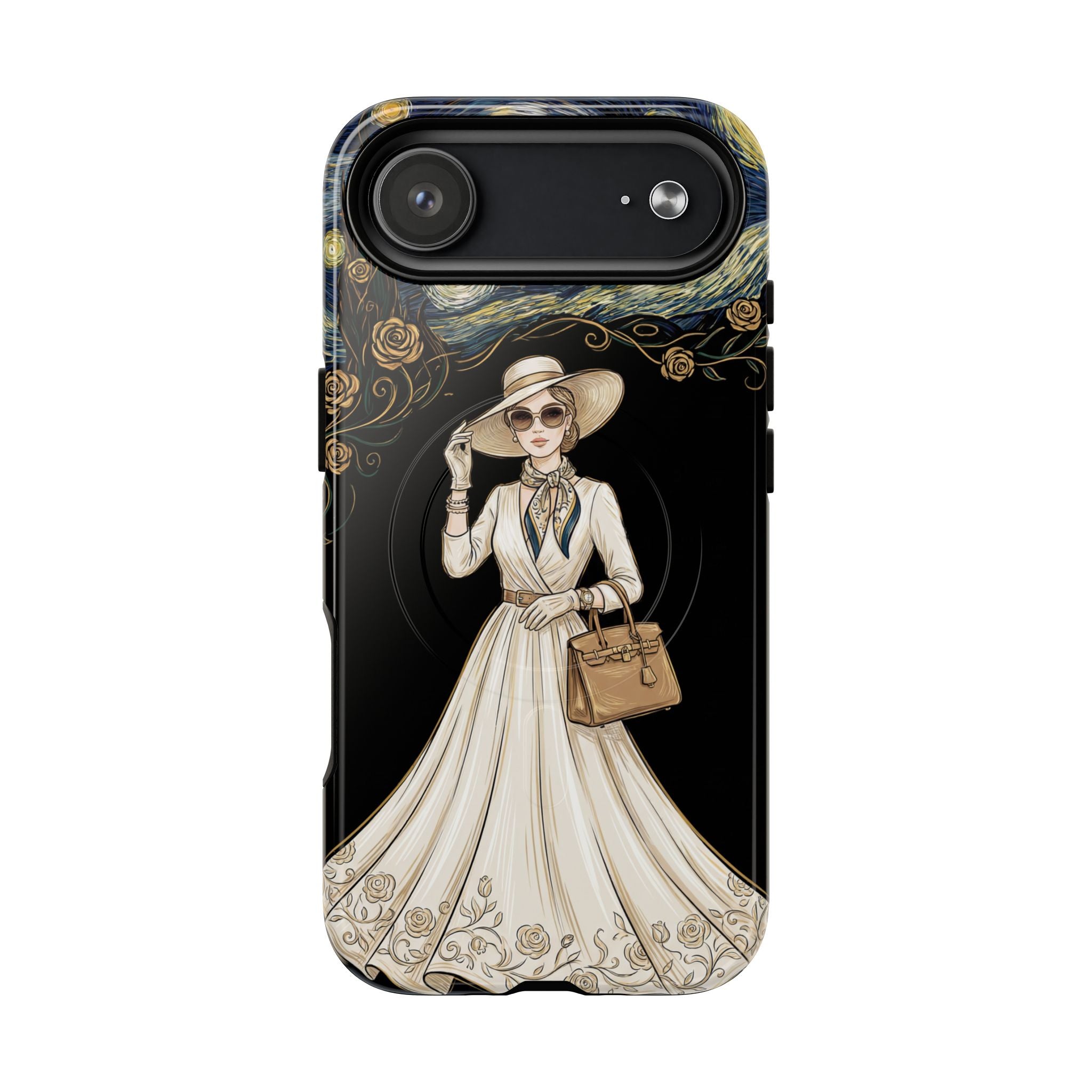 Vintage Starry Night Fashion MagSafe iPhone Case | Elegant Lady in White Dress
