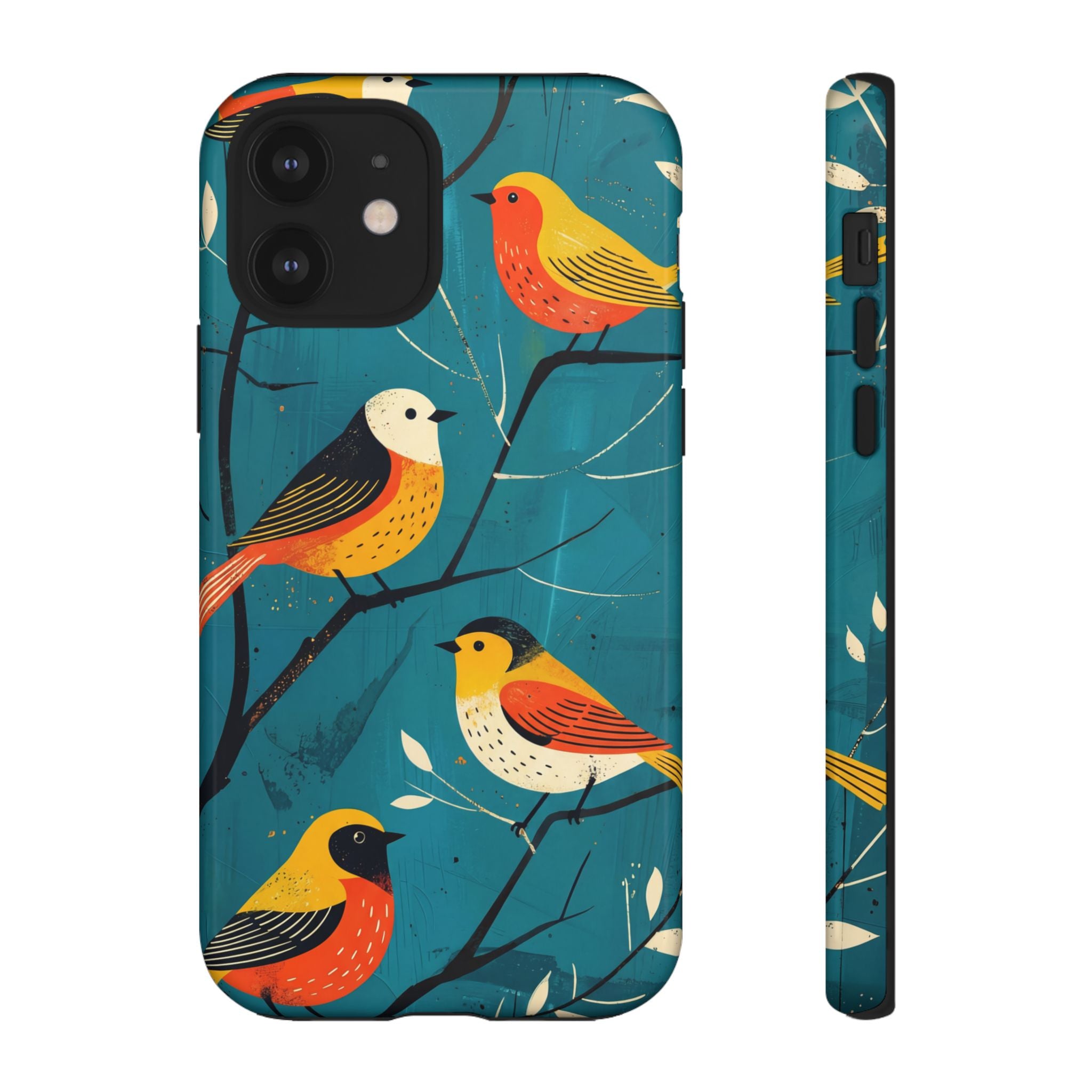 Bird Pattern Tough iPhone Case | Colourful Songbirds on Teal Background