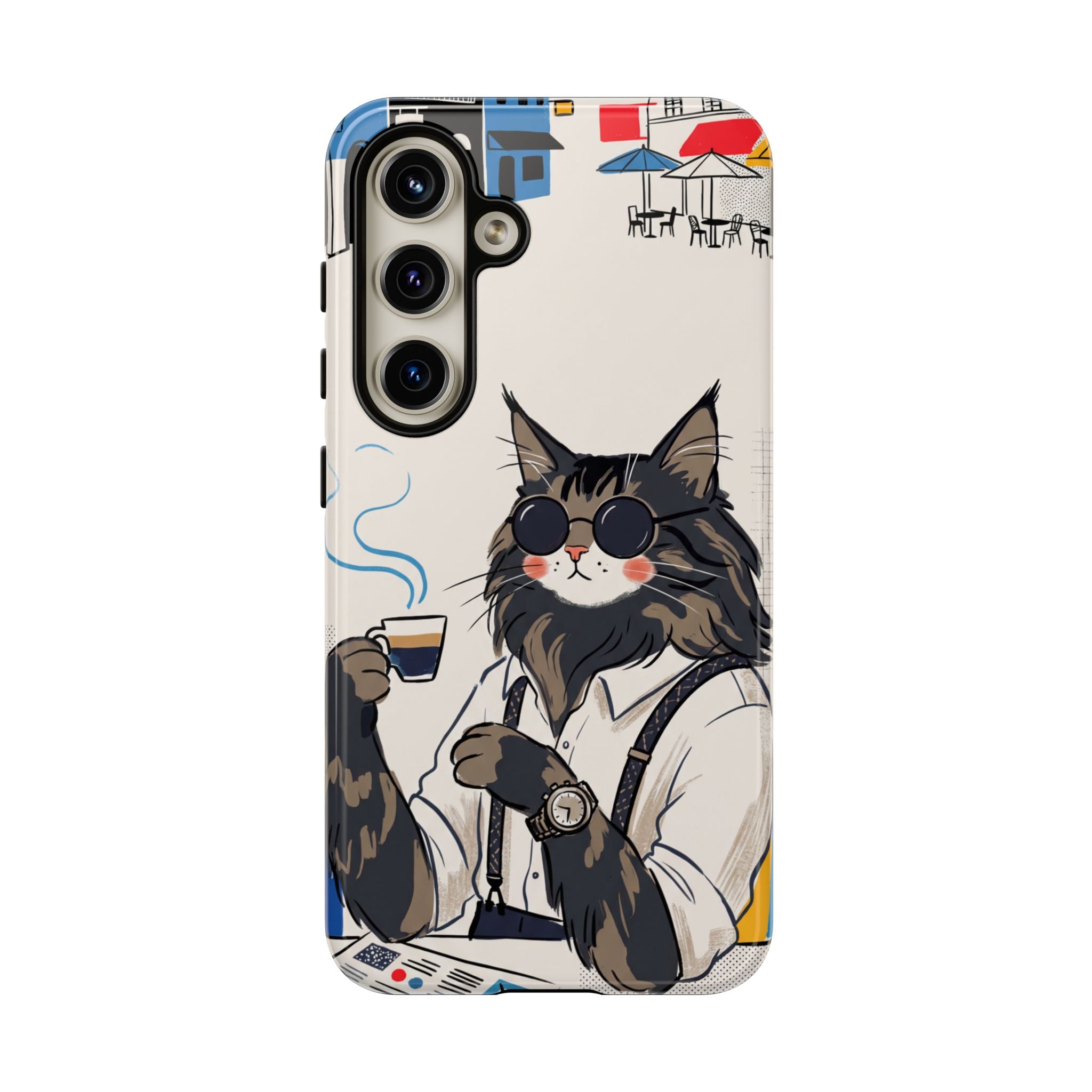 Cat Barista Samsung Galaxy Phone Case | Cool Cat in Sunglasses Coffee Shop Design