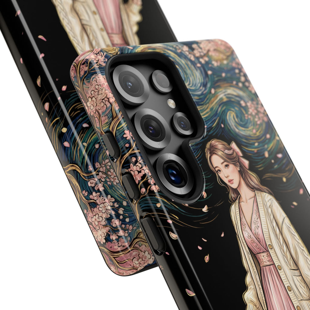 Floral Starry Night Samsung Galaxy Phone Case | Elegant Girl in Pink Dress
