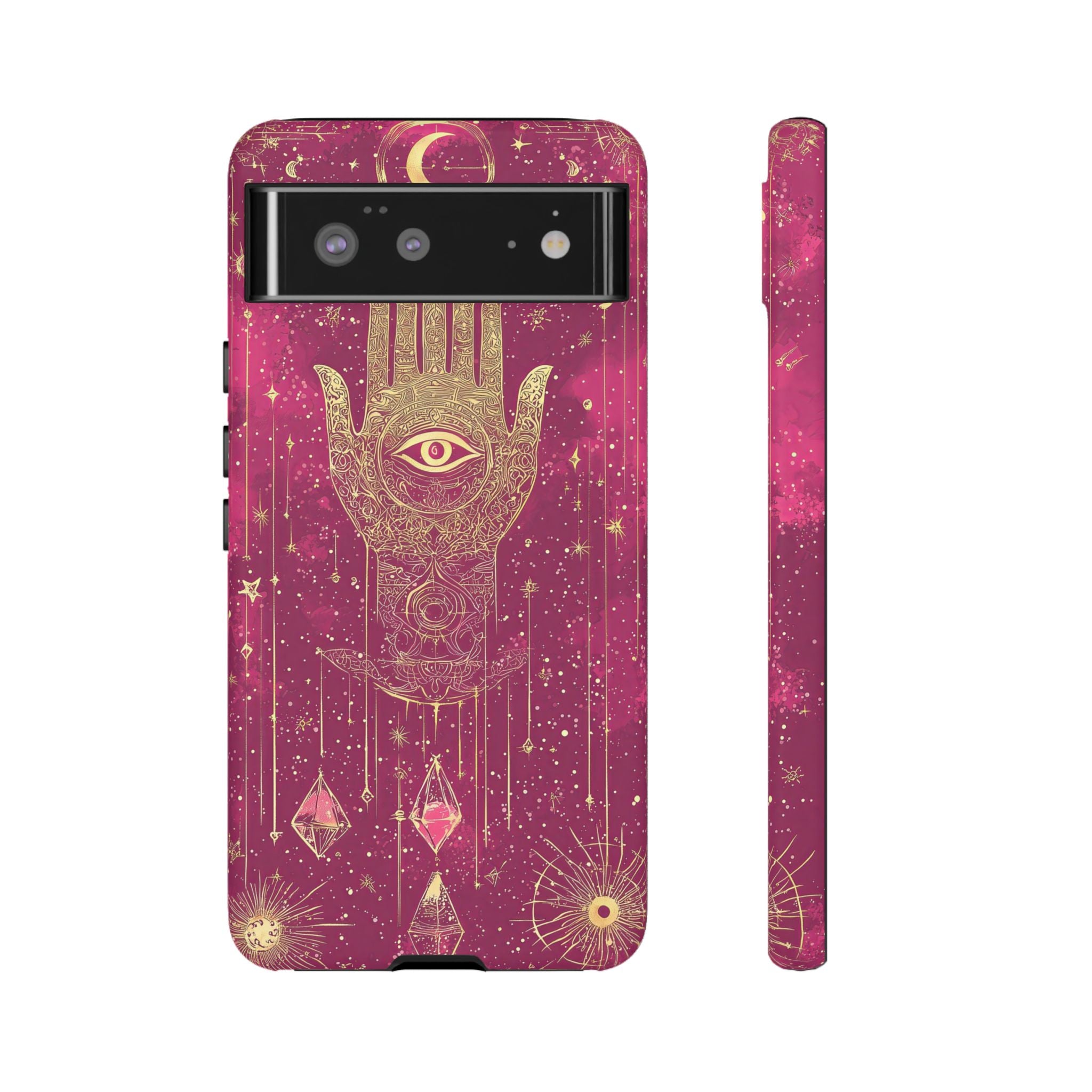 Mystic Hamsa Google Pixel Case | Gold Palm & All-Seeing Eye on Magenta Galaxy