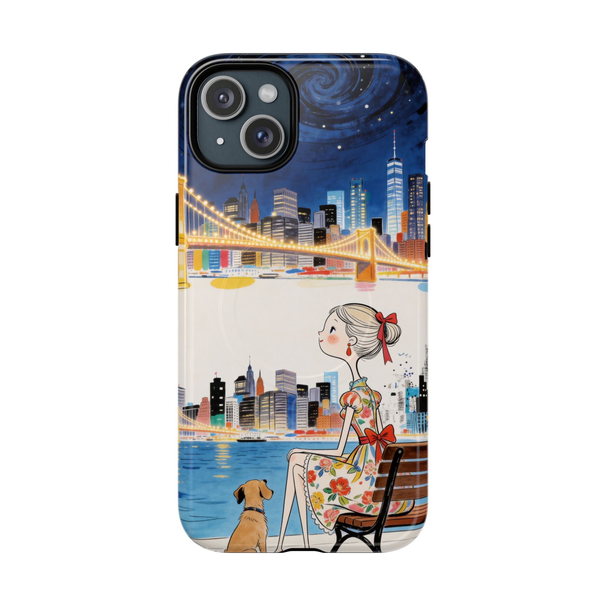City Night MagSafe iPhone Case | Cute Girl & Dog Bench Illustration