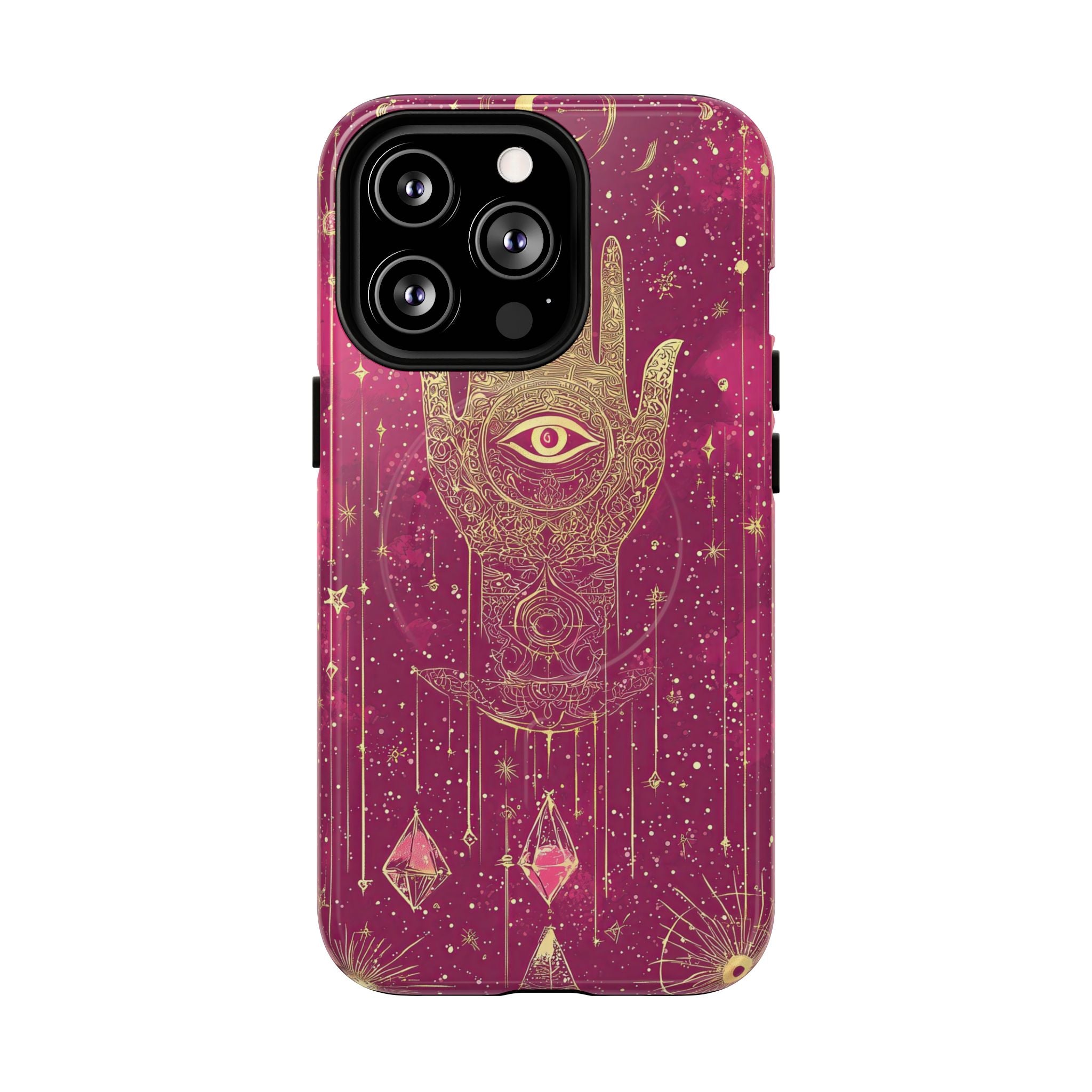 Custodia MagSafe per iPhone Mystic Hamsa | Palma dorata e occhio onniveggente su galassia magenta