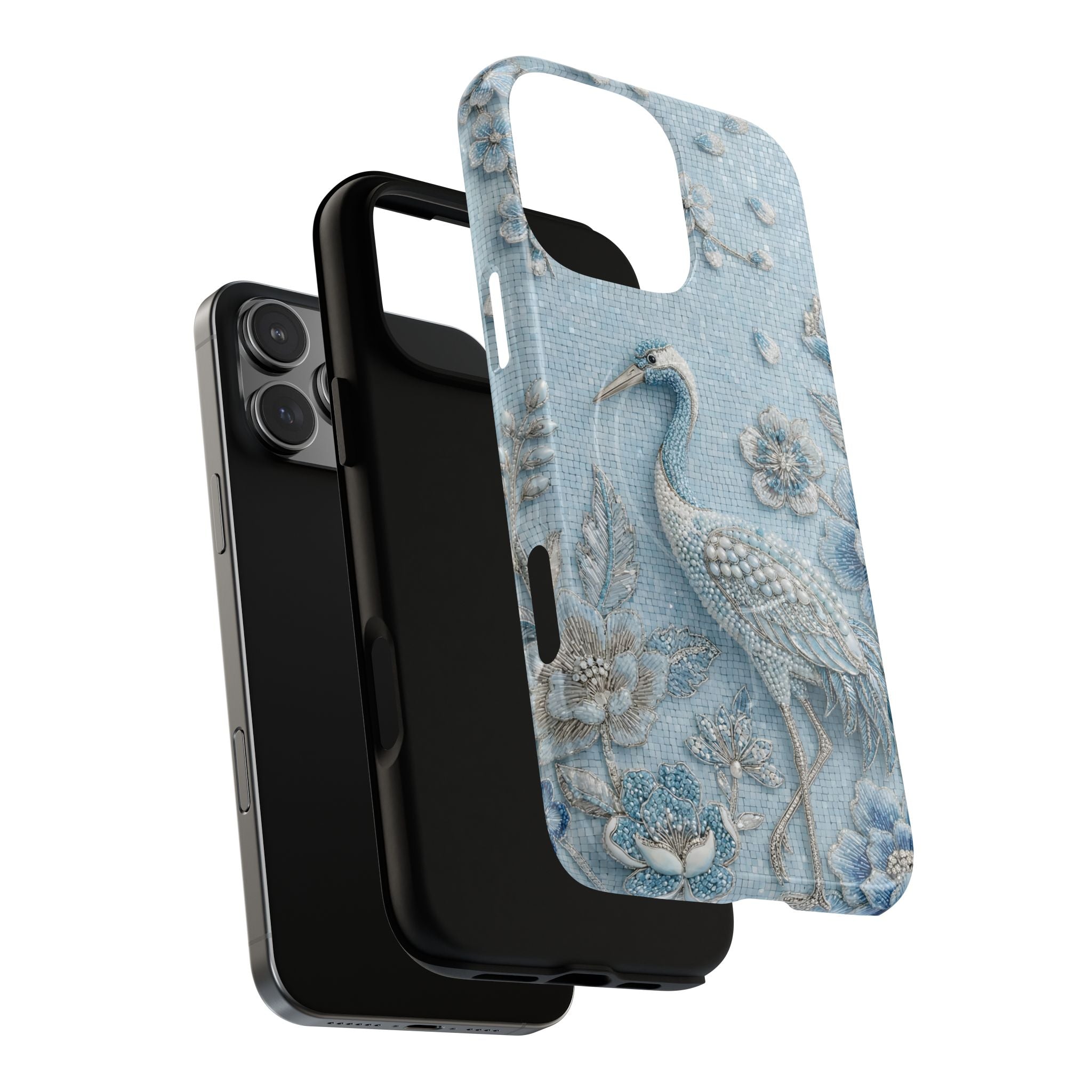 Blue Crane Floral MagSafe iPhone Case | Vintage Embossed Bird Design