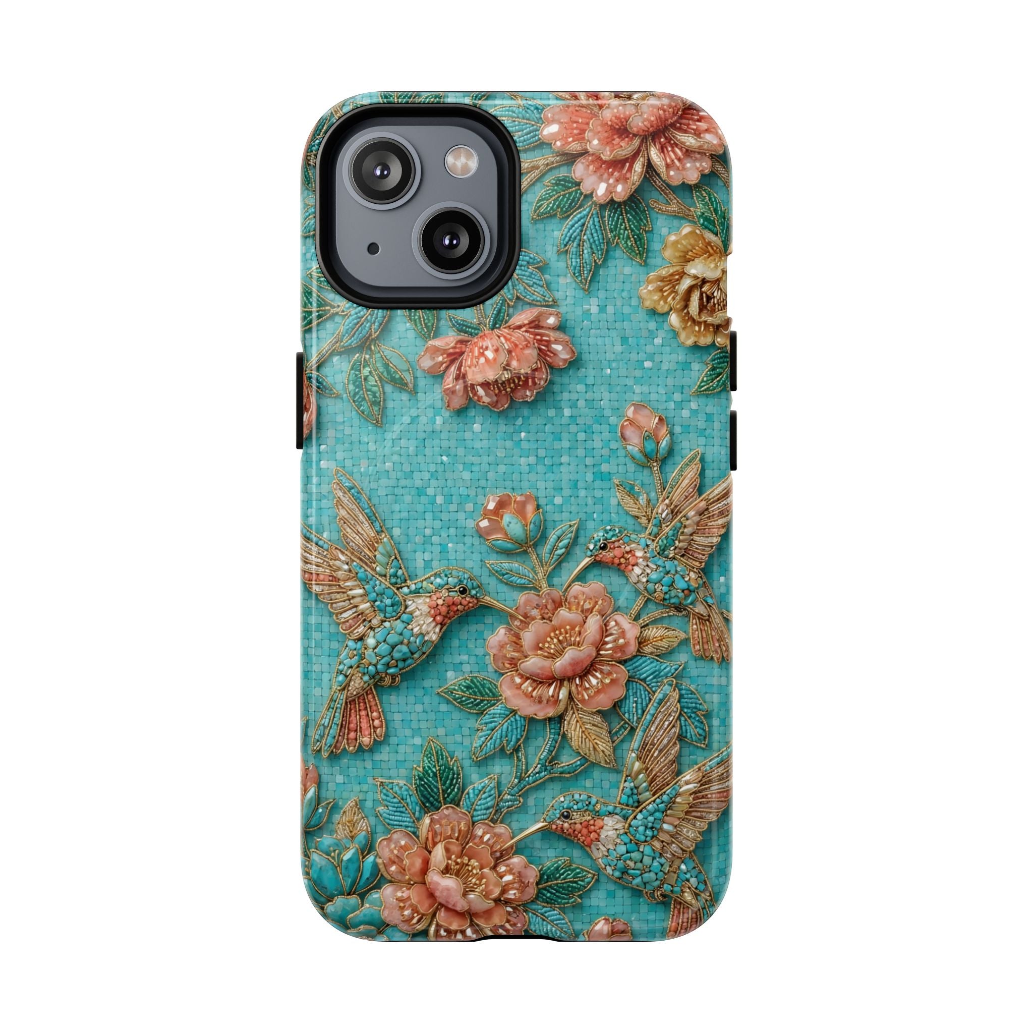 Floral Hummingbird Tough MagSafe iPhone Case | Turquoise Embroidered Garden Design