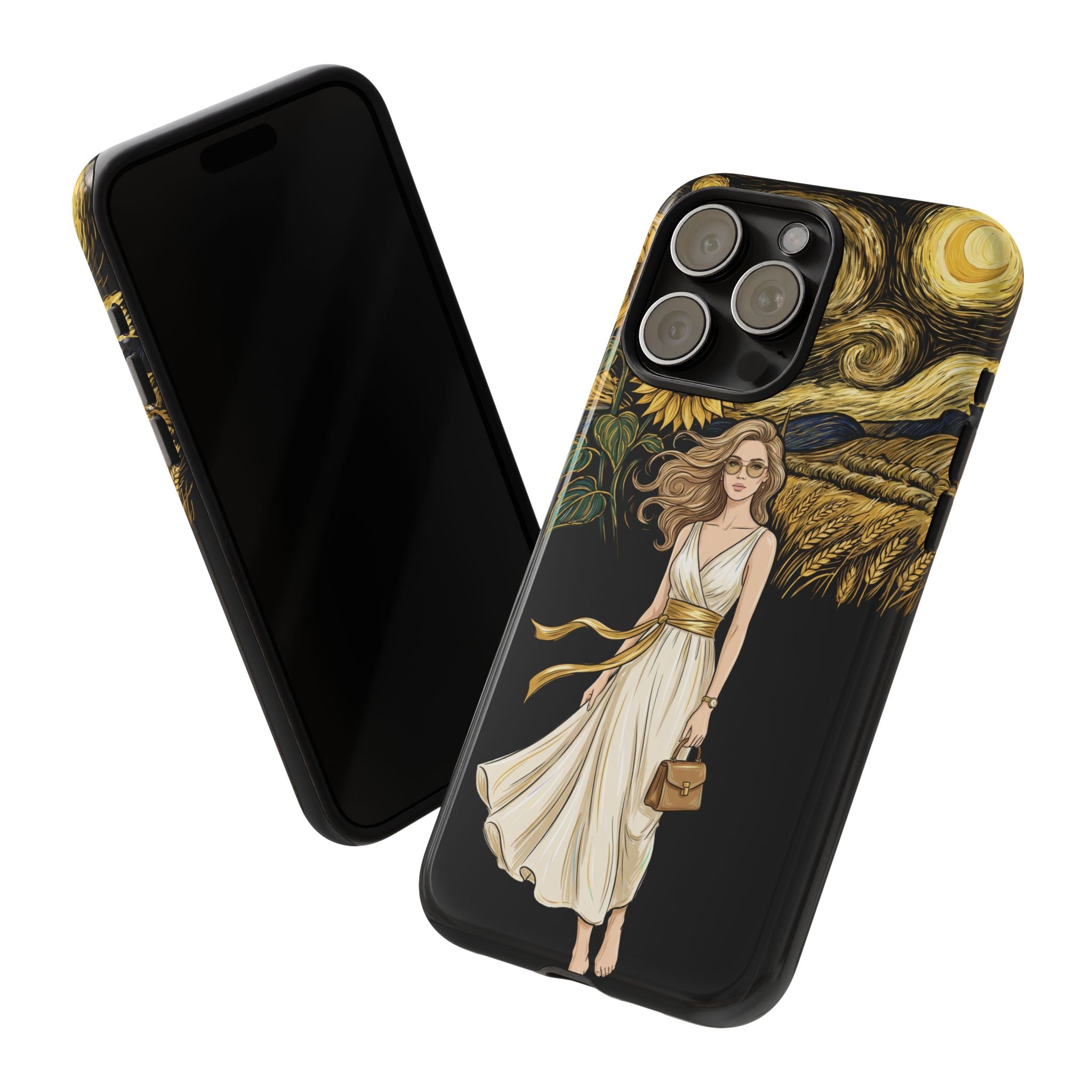 Sunflower Night iPhone Case | Woman in Flowing Dress Van Gogh Style