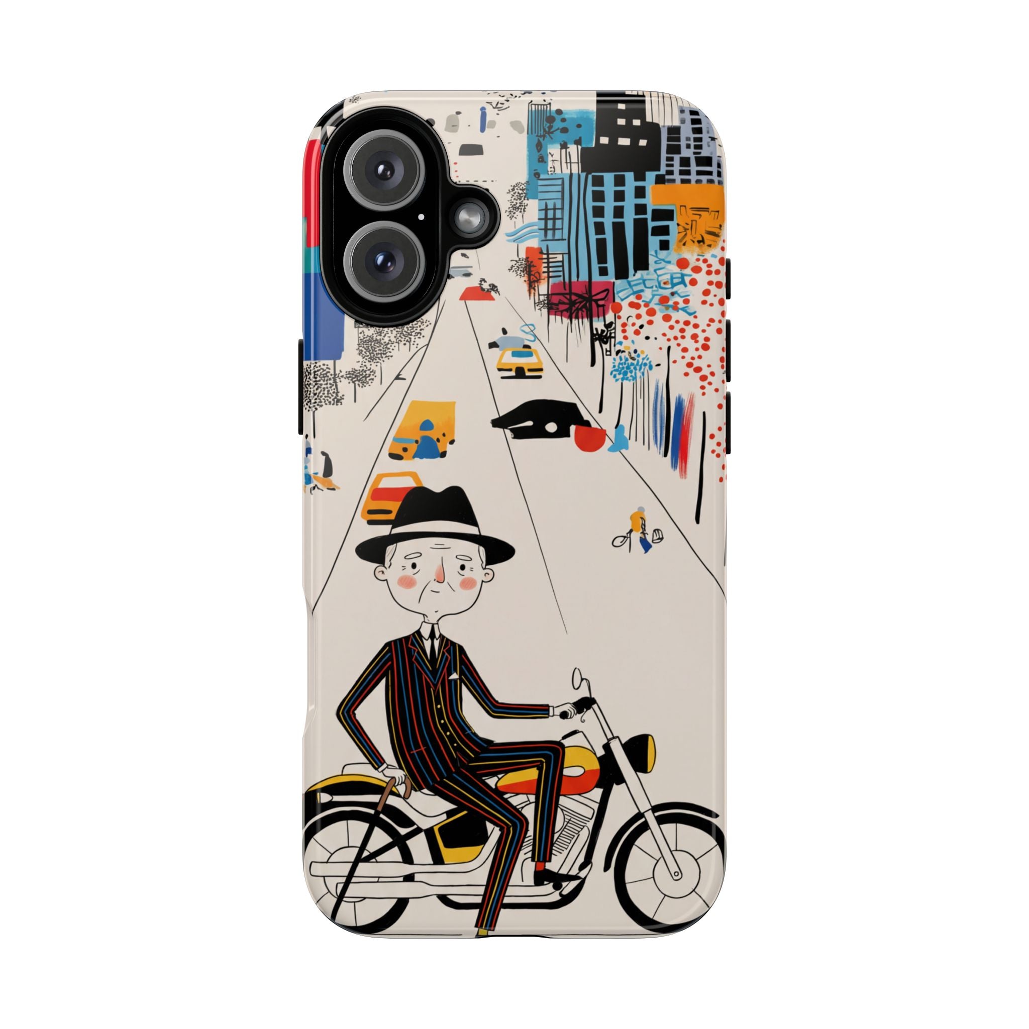 Vintage Grandpa Rider Motorcycle iPhone Case | Illustrated Cityscape