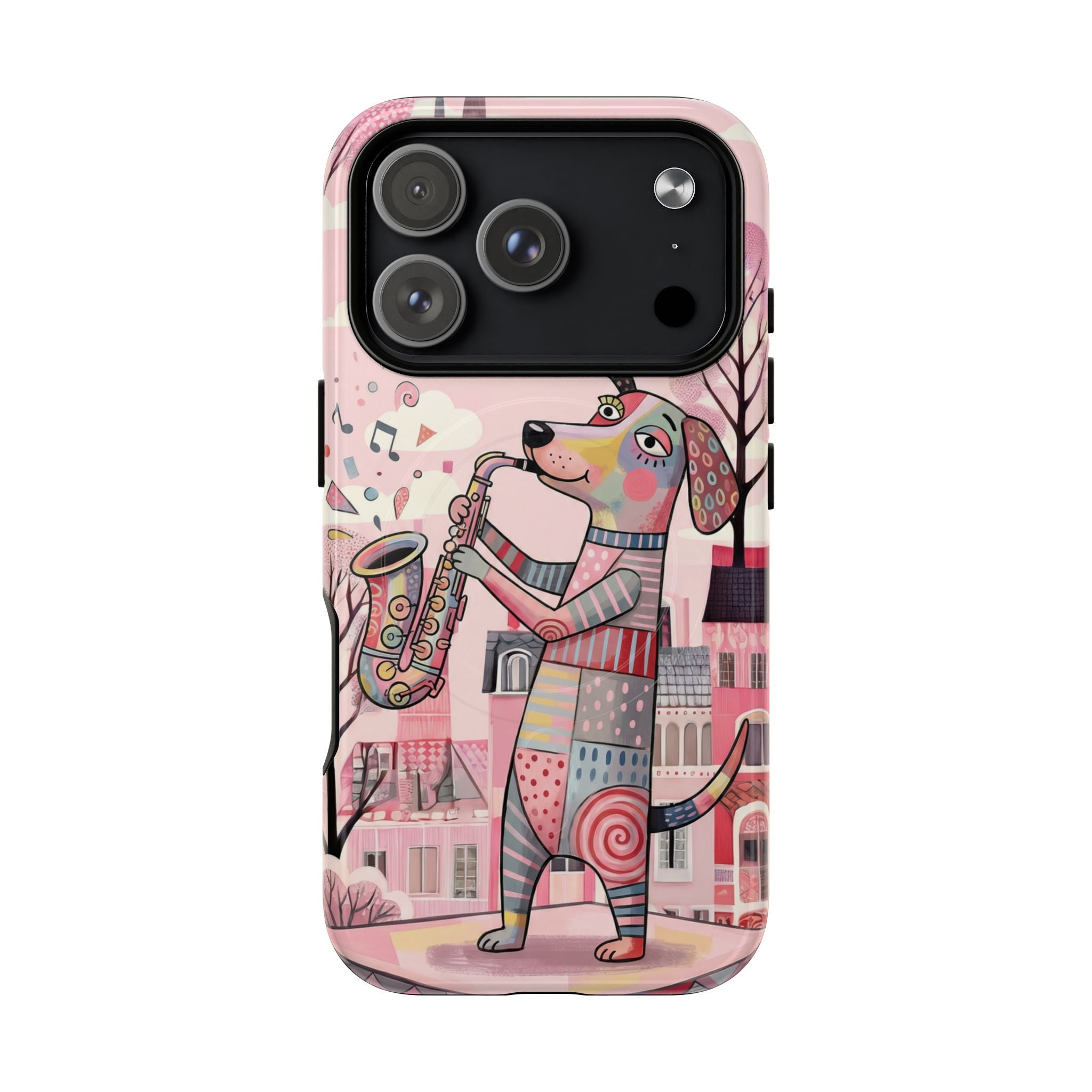 Saxophone Dog MagSafe iPhone Case | Cute Pink Musical Art Protective Case