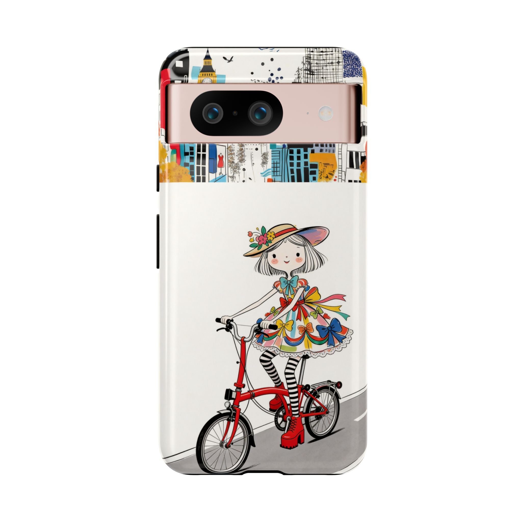 Whimsical Girl on Brompton Bicycle Urban Illustration Google Pixel Phone Case