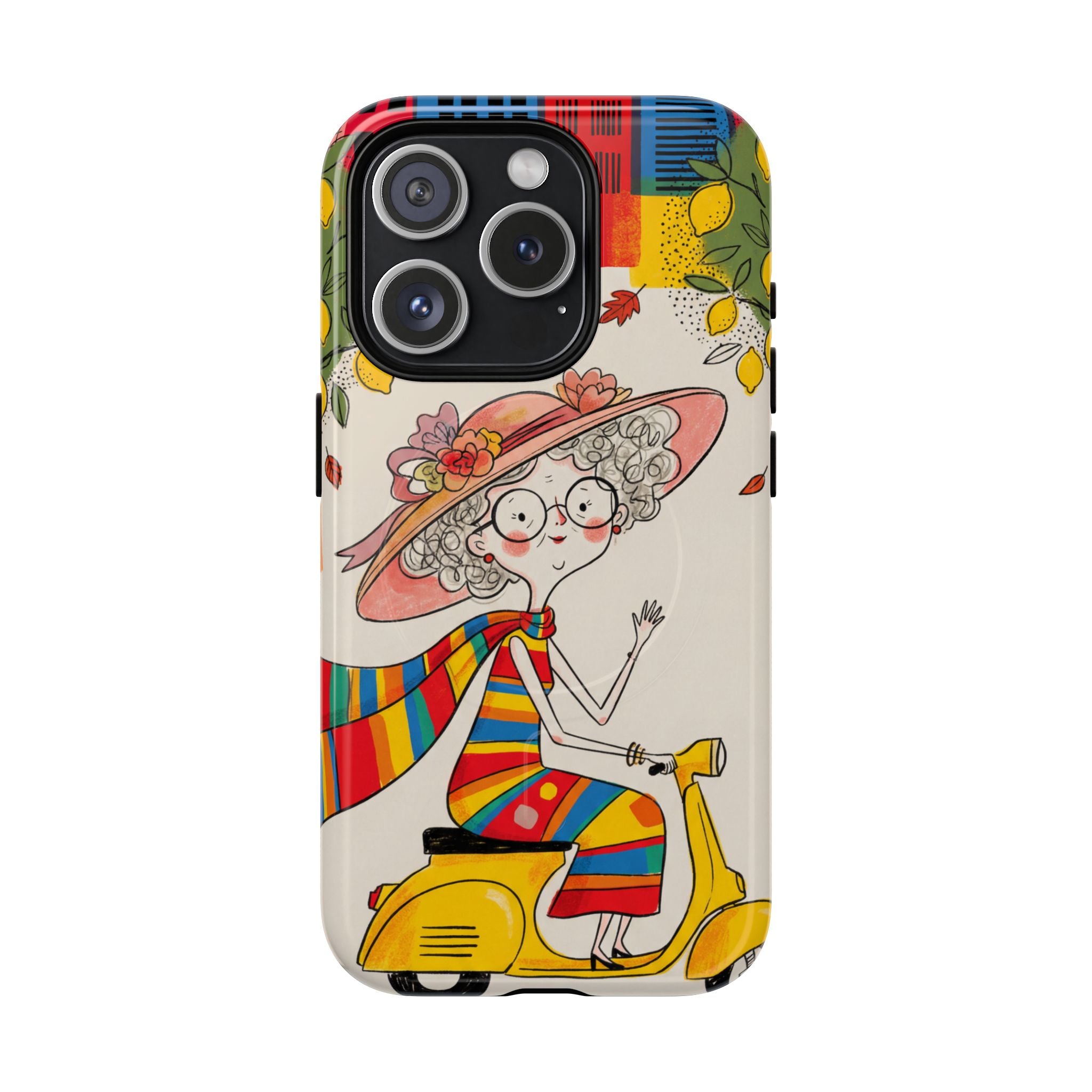 Vintage Scooter Granny MagSafe iPhone Case | Colourful Retro Elderly Lady Design