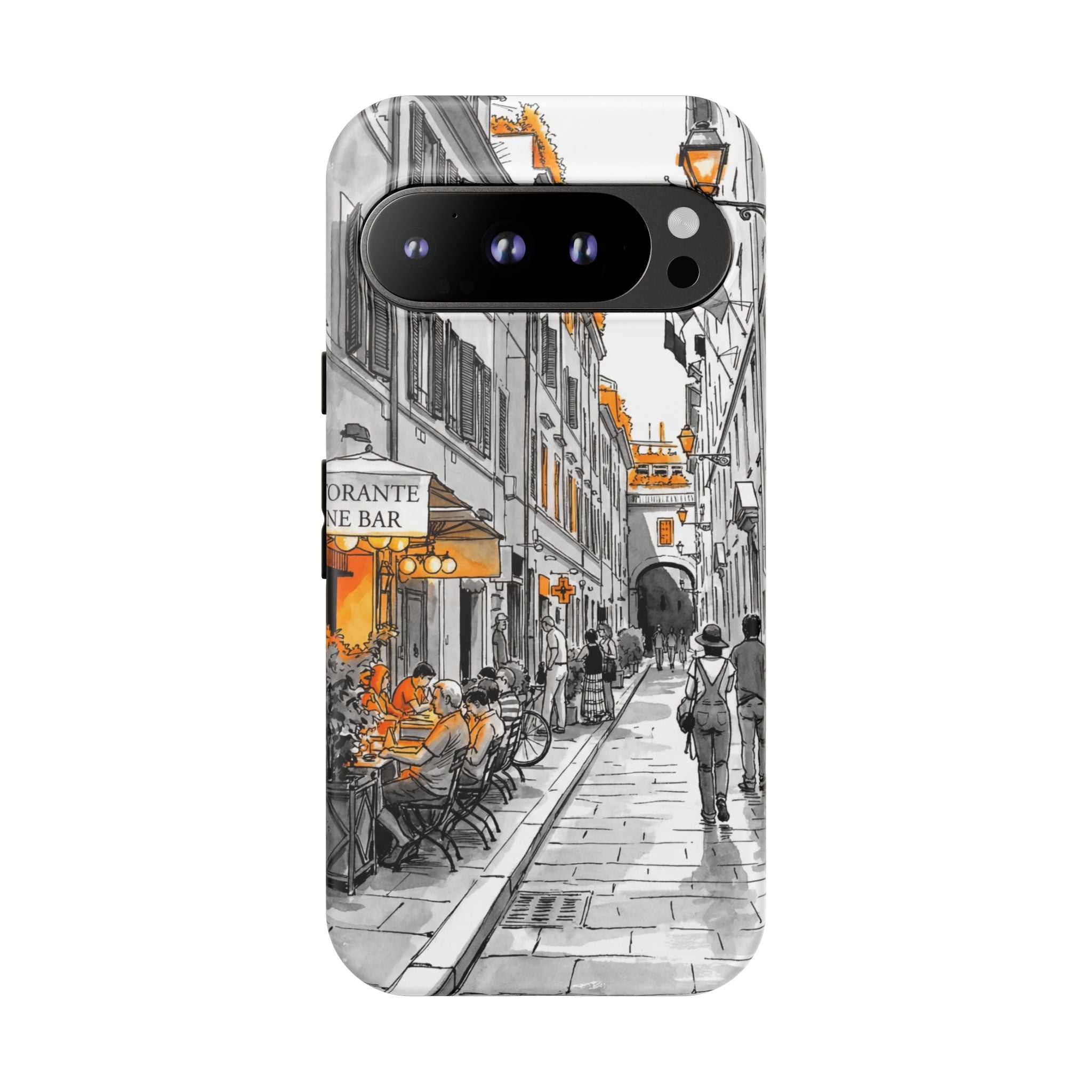 Italy Street Phone Case | Vintage Italian Cafe Sketch with Orange Accents