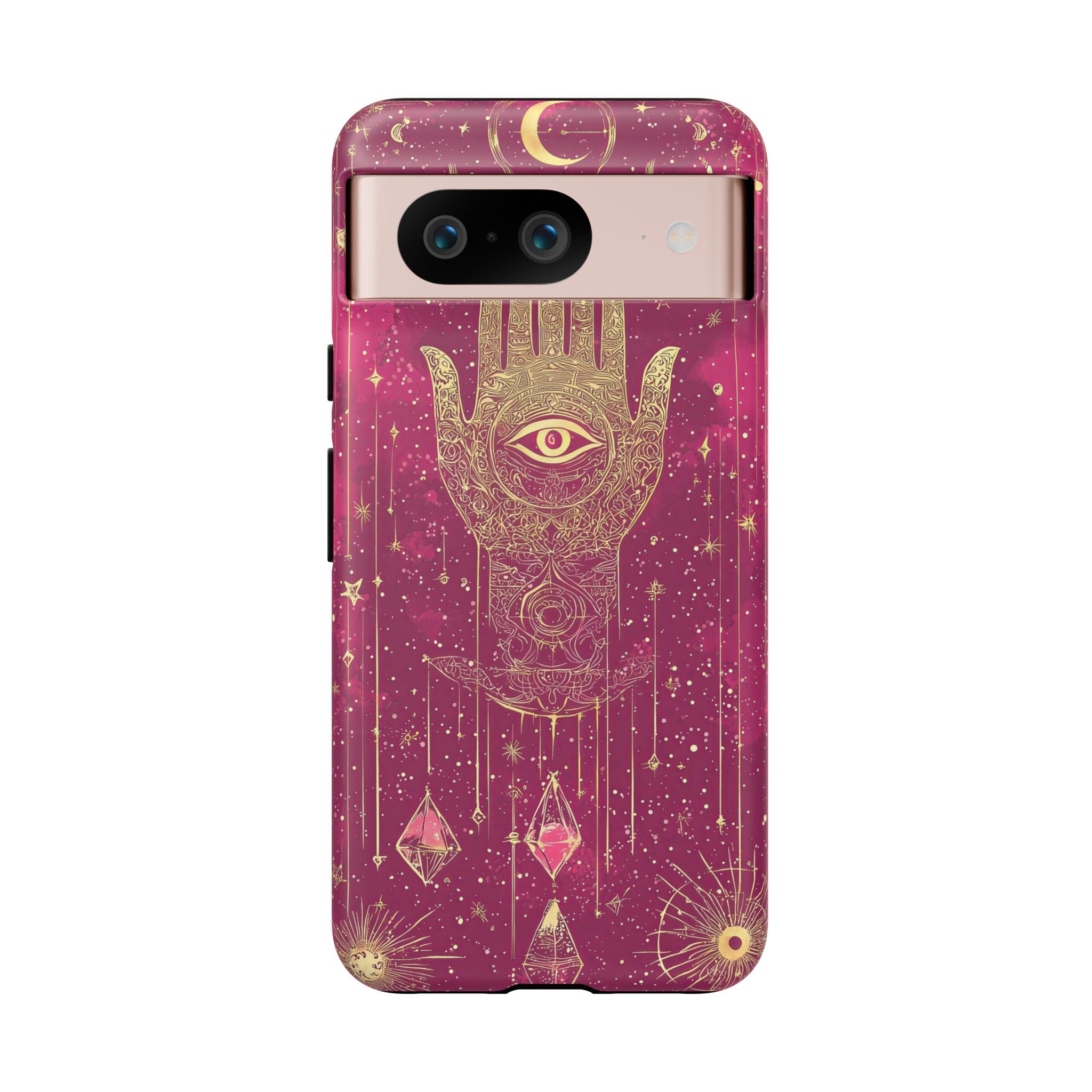Mystic Hamsa Google Pixel Case | Gold Palm & All-Seeing Eye on Magenta Galaxy