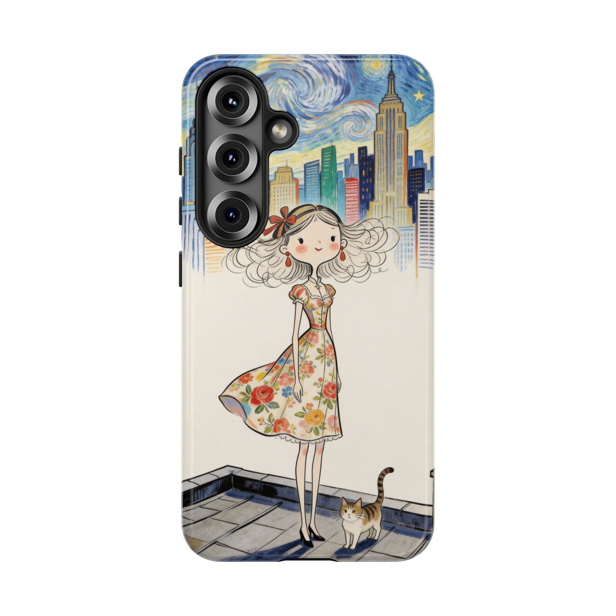 Artistic Girl Cityscape Samsung Galaxy Phone Case | Cute Floral Dress Rooftop Design