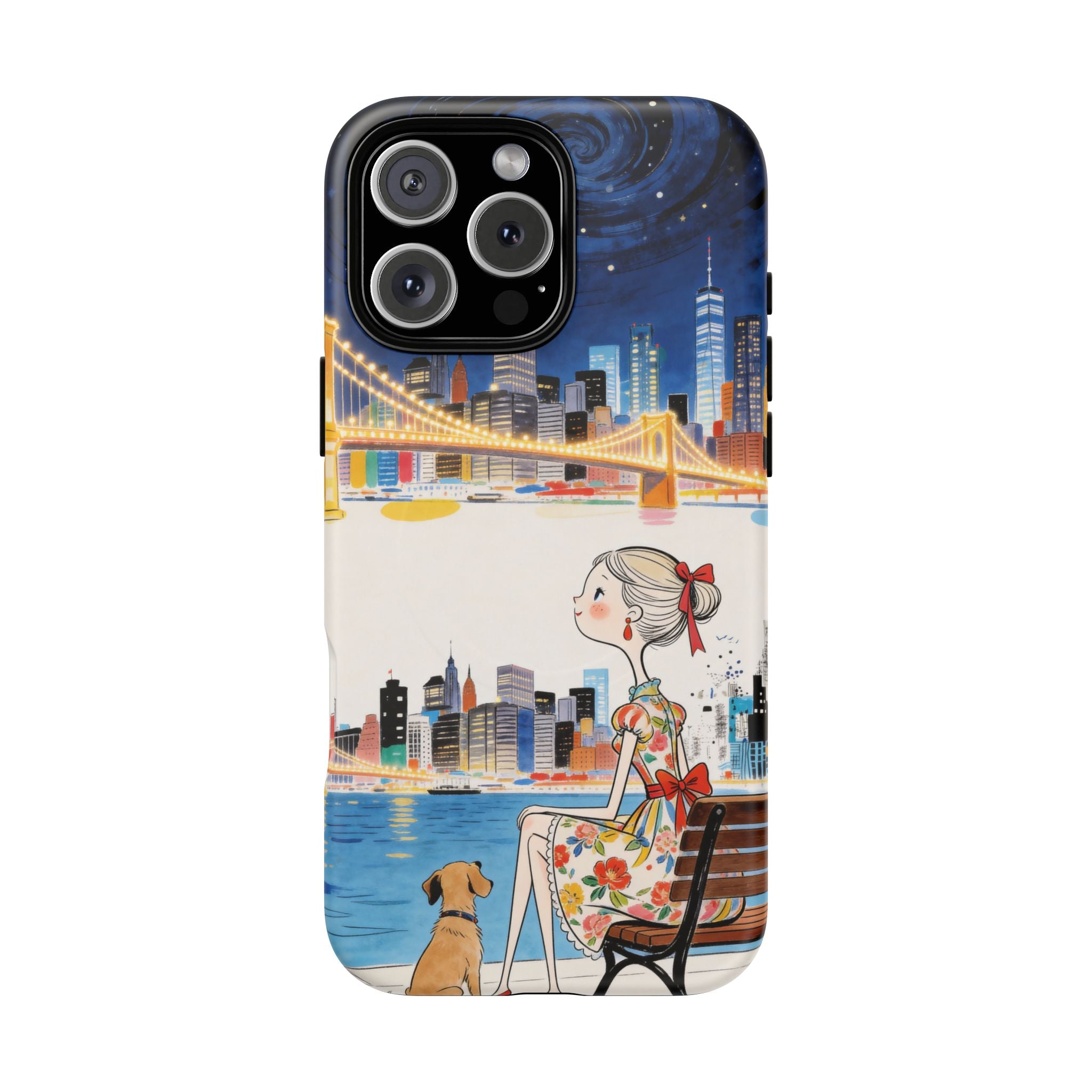 City Night MagSafe iPhone Case | Cute Girl & Dog Bench Illustration