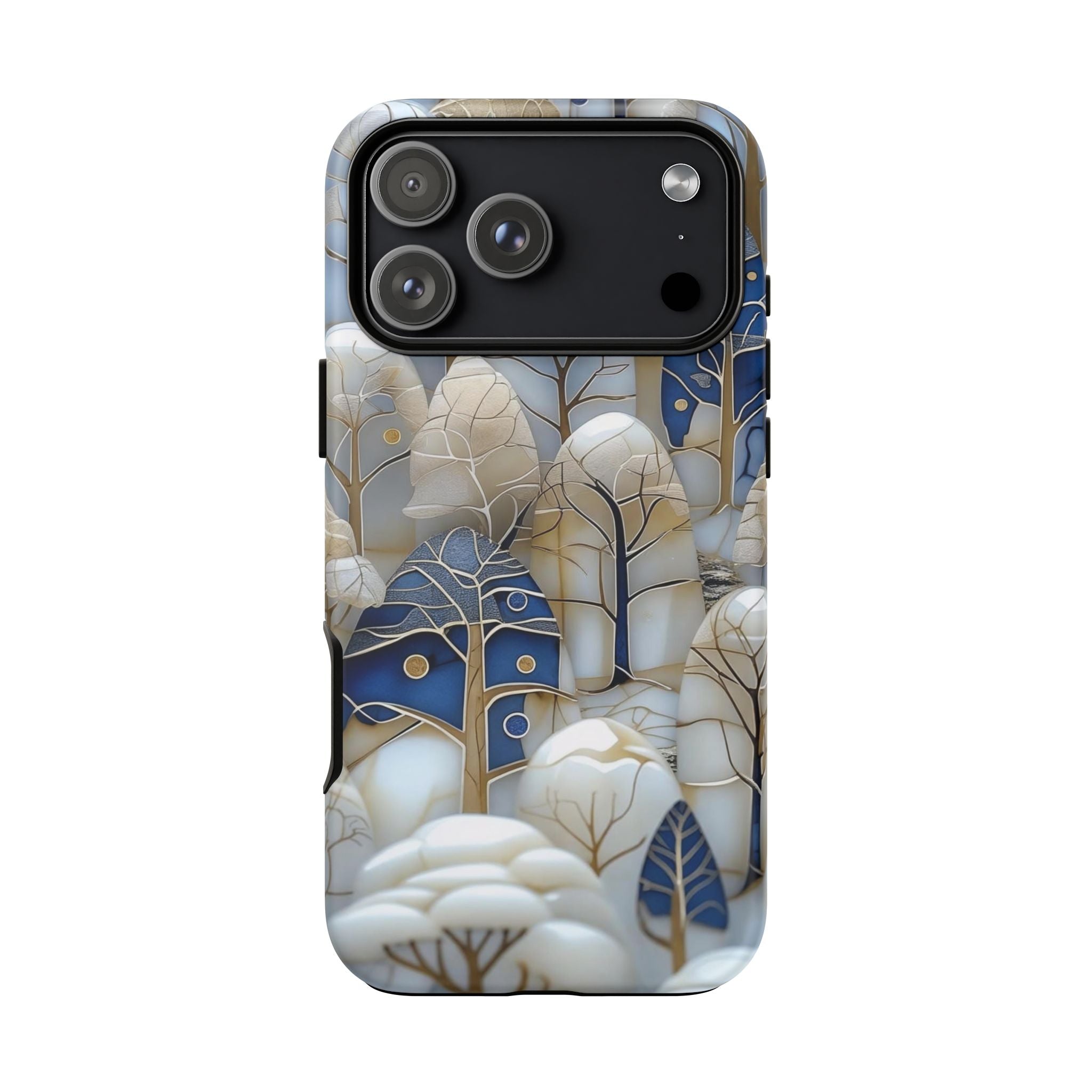 Blue Gold Winter Forest iPhone Case — Elegant Tree Pattern Tough Case