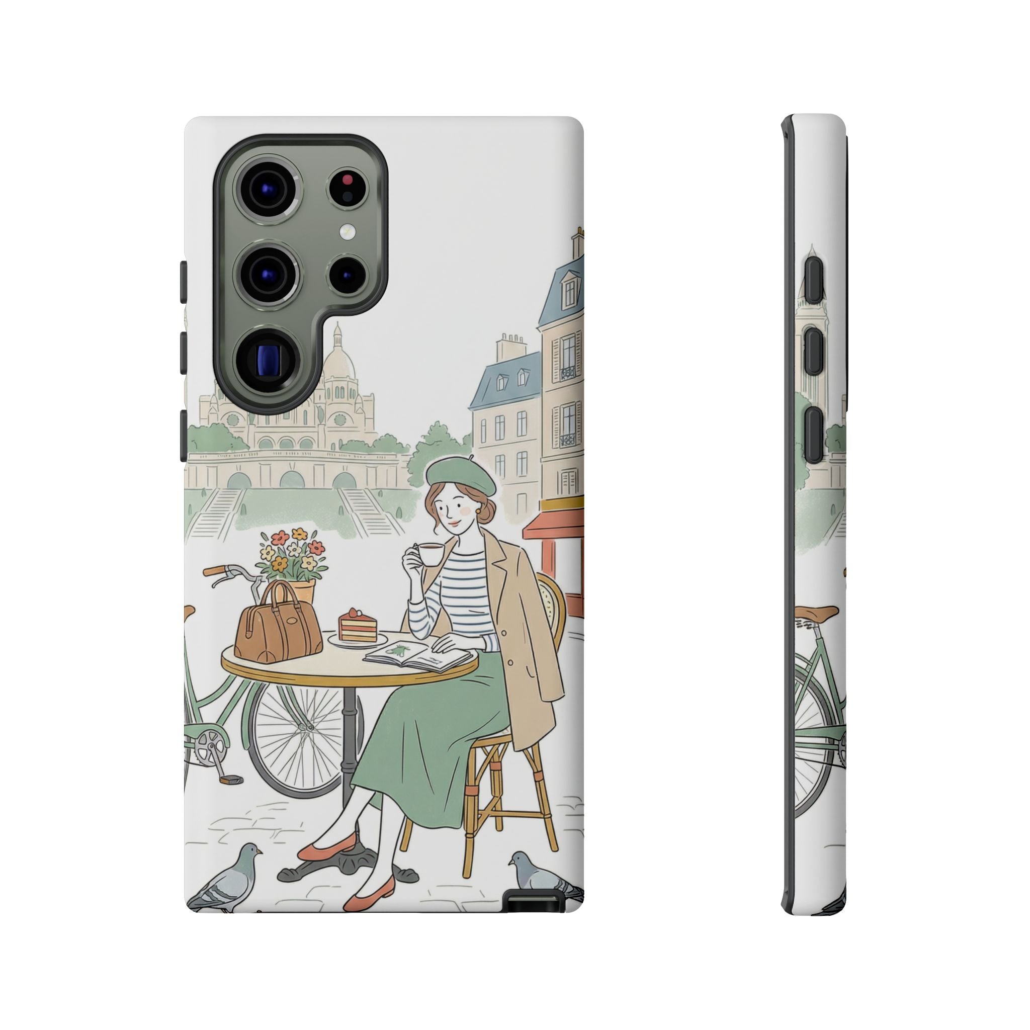 Paris Cafe Illustration Samsung Galaxy Phone Case | Vintage Bicycles & Pigeons Protective Cover