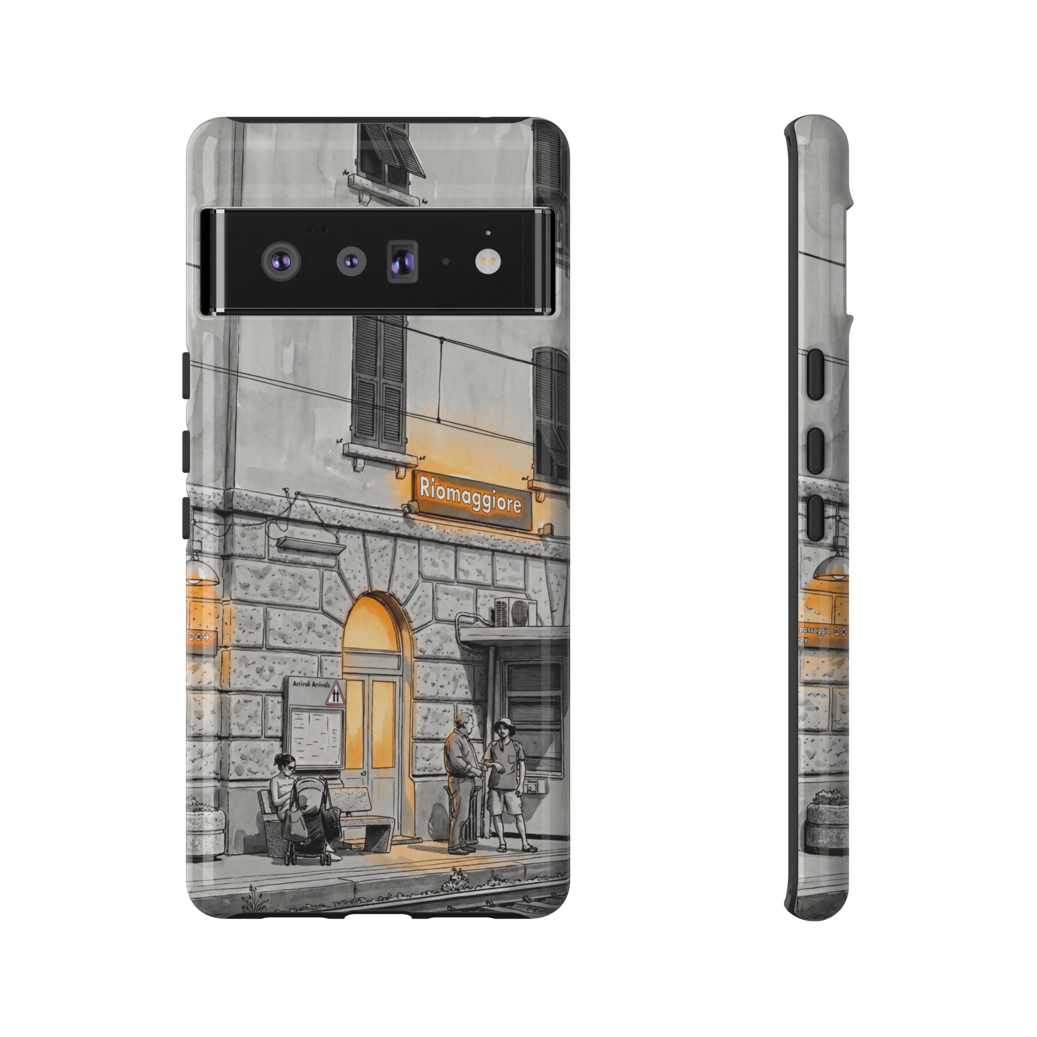 Cinque Terre Train Station Google Pixel Case | Black & White Sketch with Warm Yellow Accents