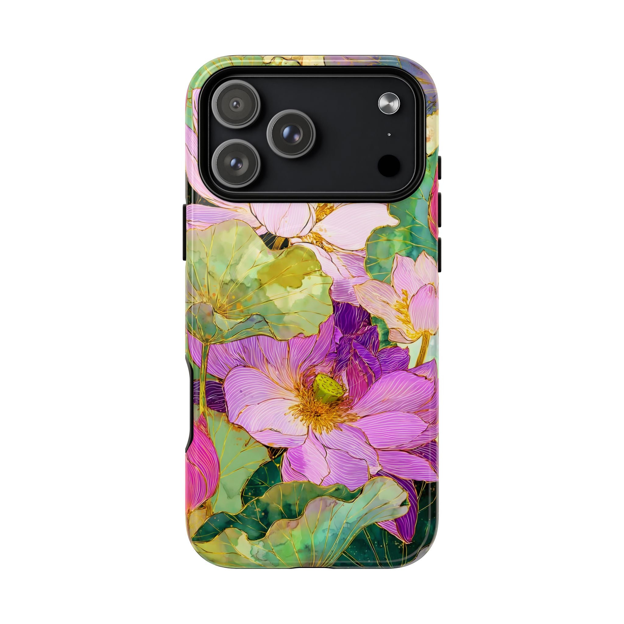 Floral Watercolor Tough MagSafe iPhone Case | Pink Lotus Garden Protective Cover