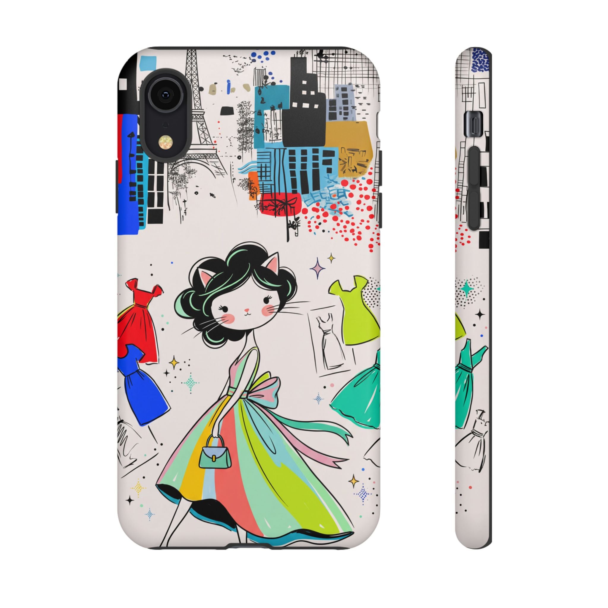 Retro Fashion Cat Girl iPhone Case | Cute Dress & City Print