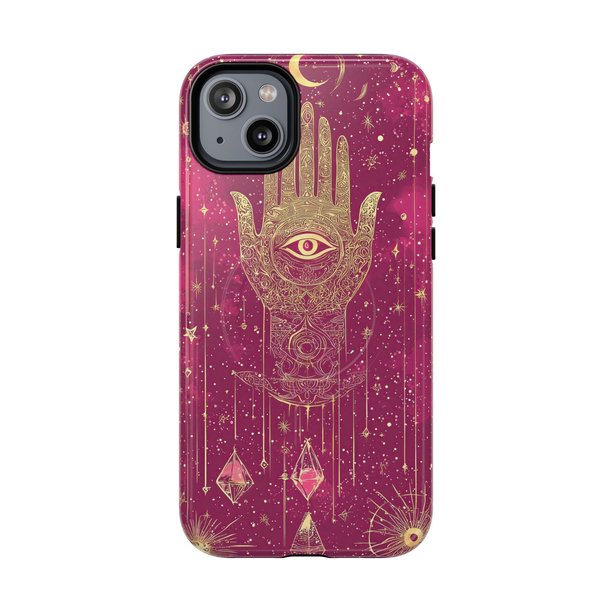 Custodia MagSafe per iPhone Mystic Hamsa | Palma dorata e occhio onniveggente su galassia magenta