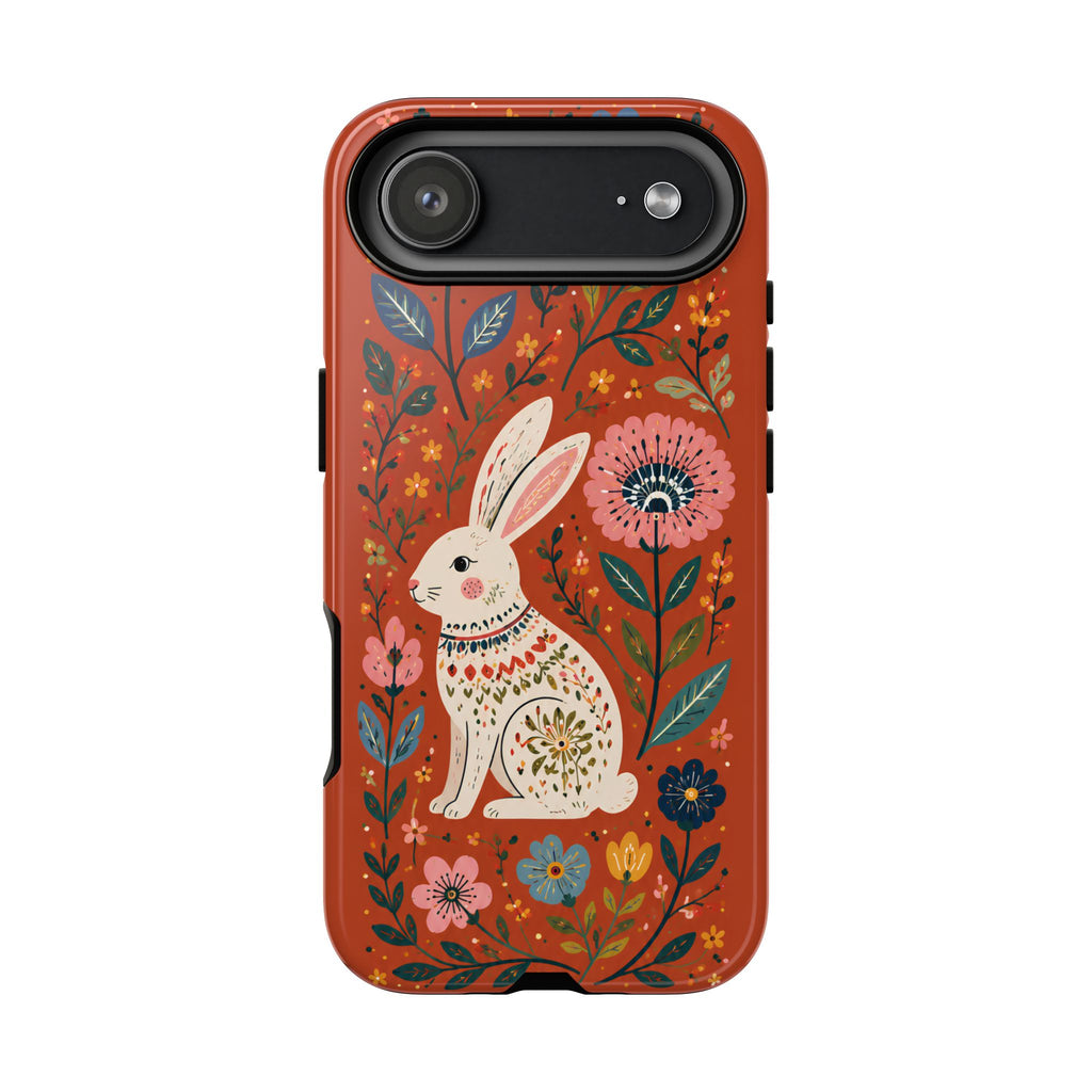 Floral Rabbit Tough iPhone Case | Protective Phone Case with Folk Art Bunny Design
