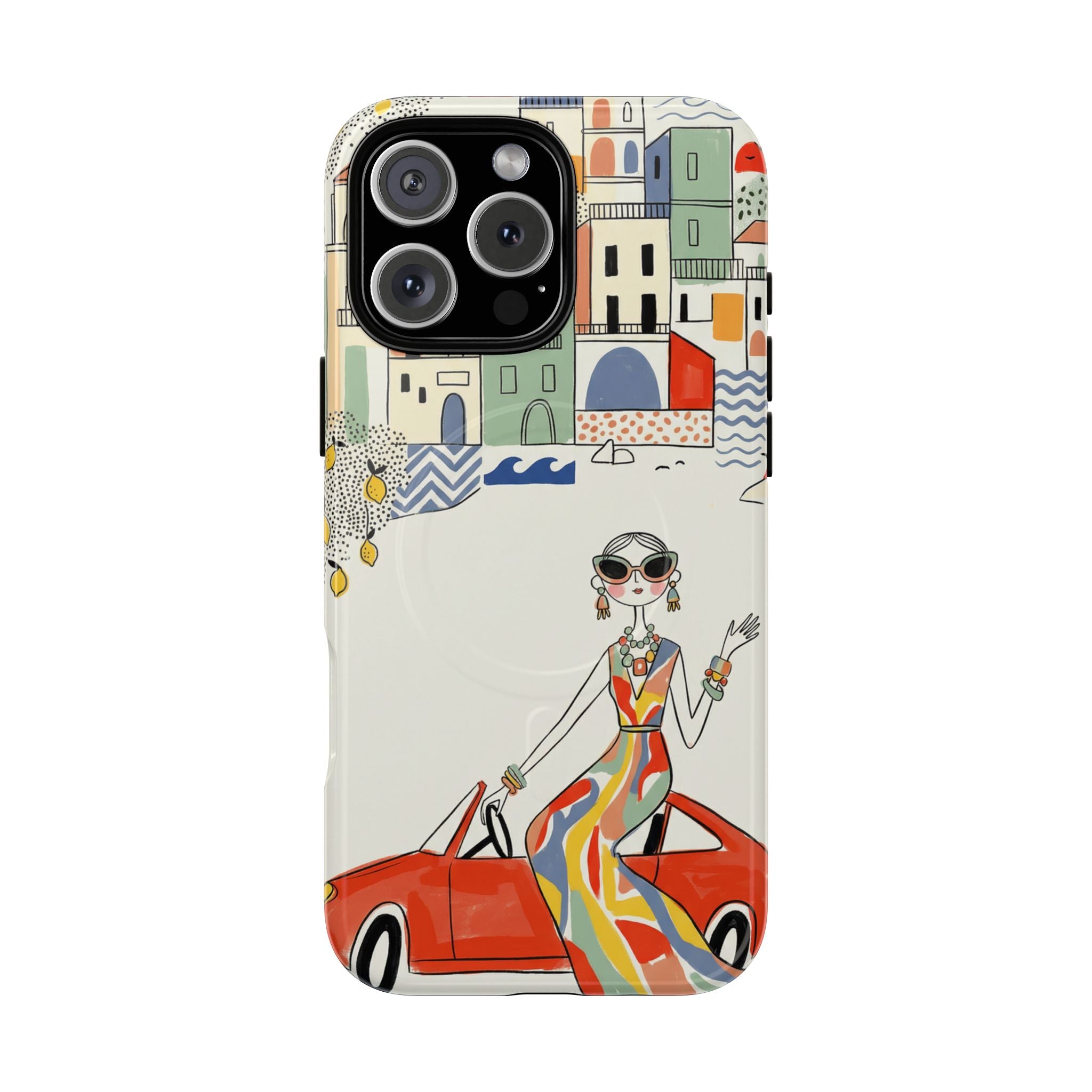 Stylish Riviera MagSafe iPhone Case | Chic Retro Woman in Convertible Design