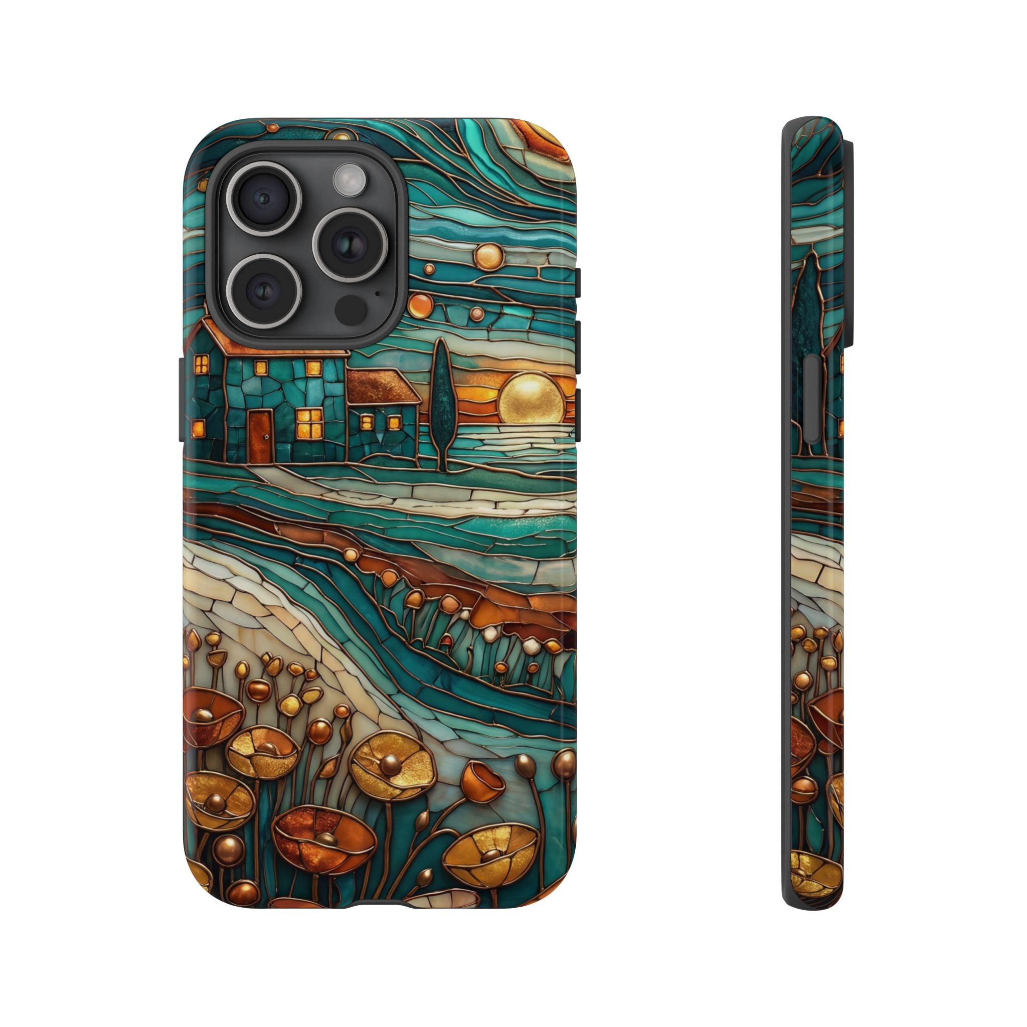 Artistic Sunset Cottage iPhone Case | Whimsical Floral Landscape Protective Cover