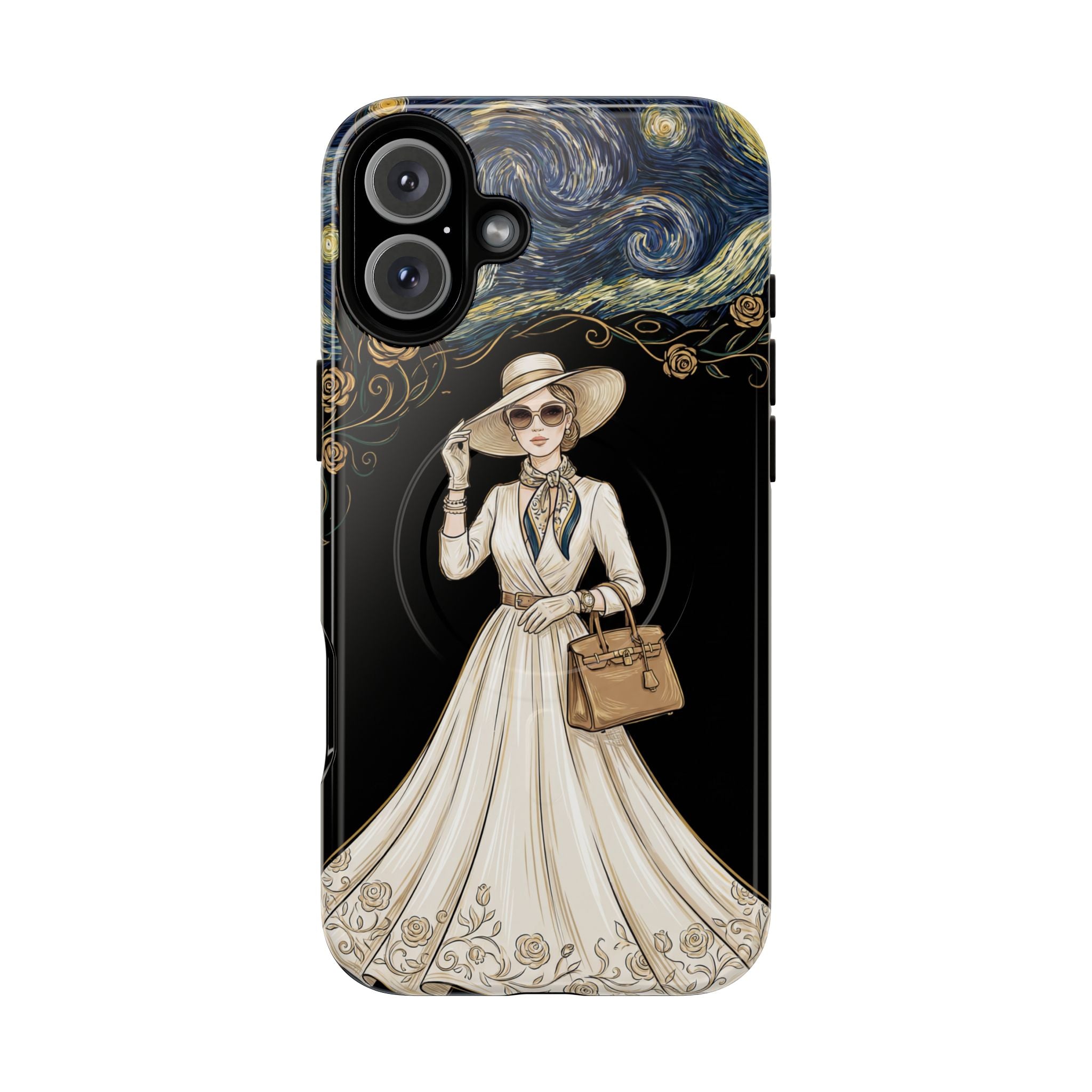 Vintage Starry Night Fashion MagSafe iPhone Case | Elegant Lady in White Dress