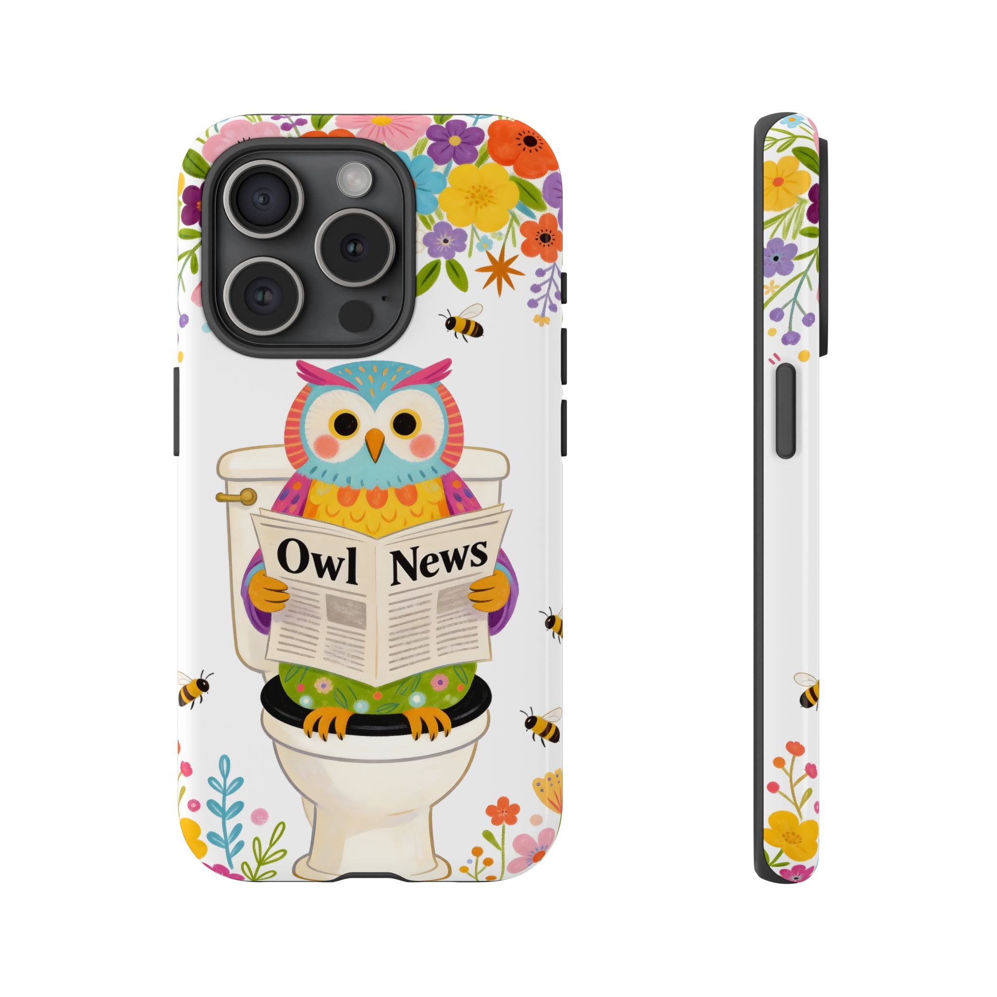 Owl News Floral iPhone Case | Cute Owl Reading Newspaper on Toilet