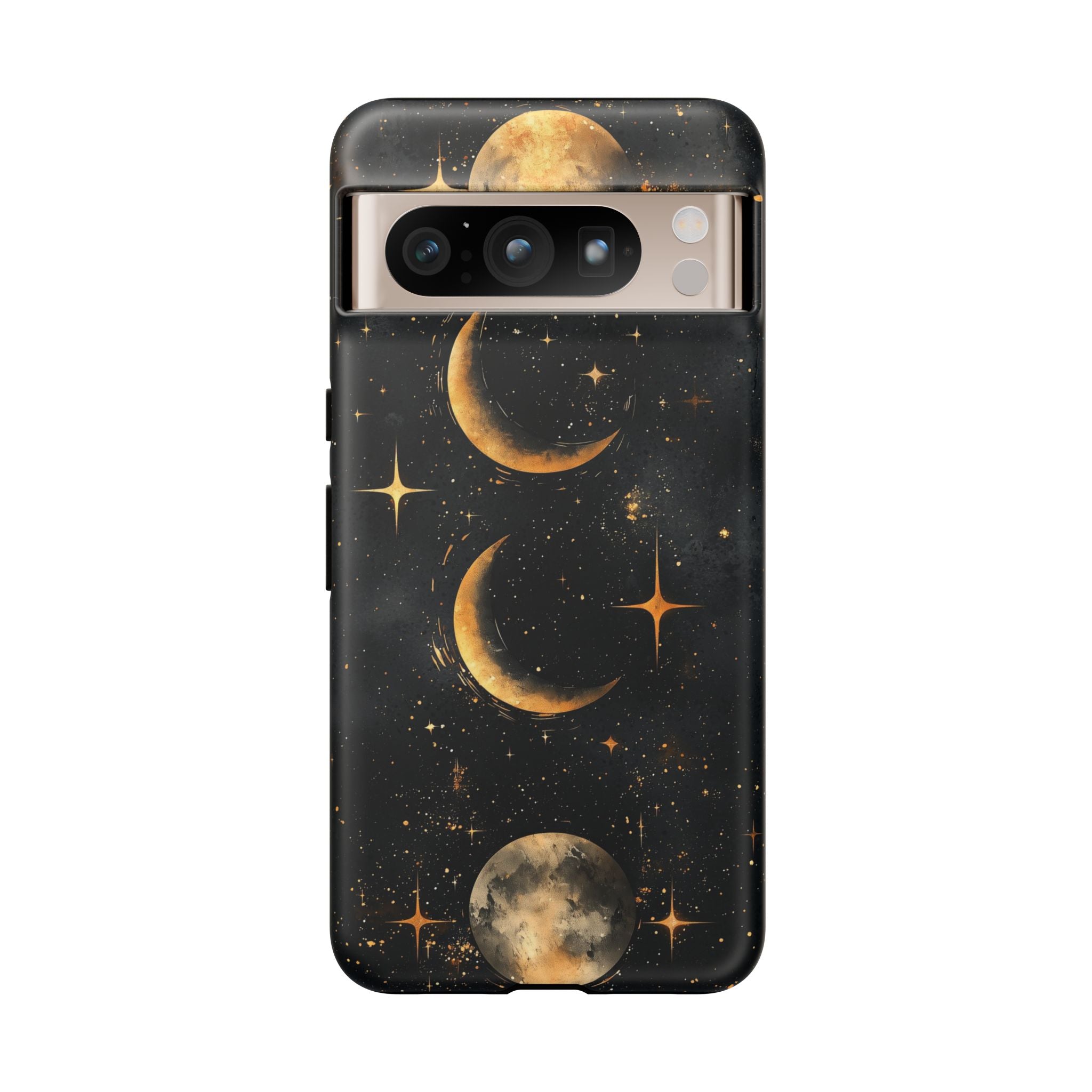 Celestial Moon Phases Tough Google Pixel Case | Gold Crescent & Full Moon Galaxy Design