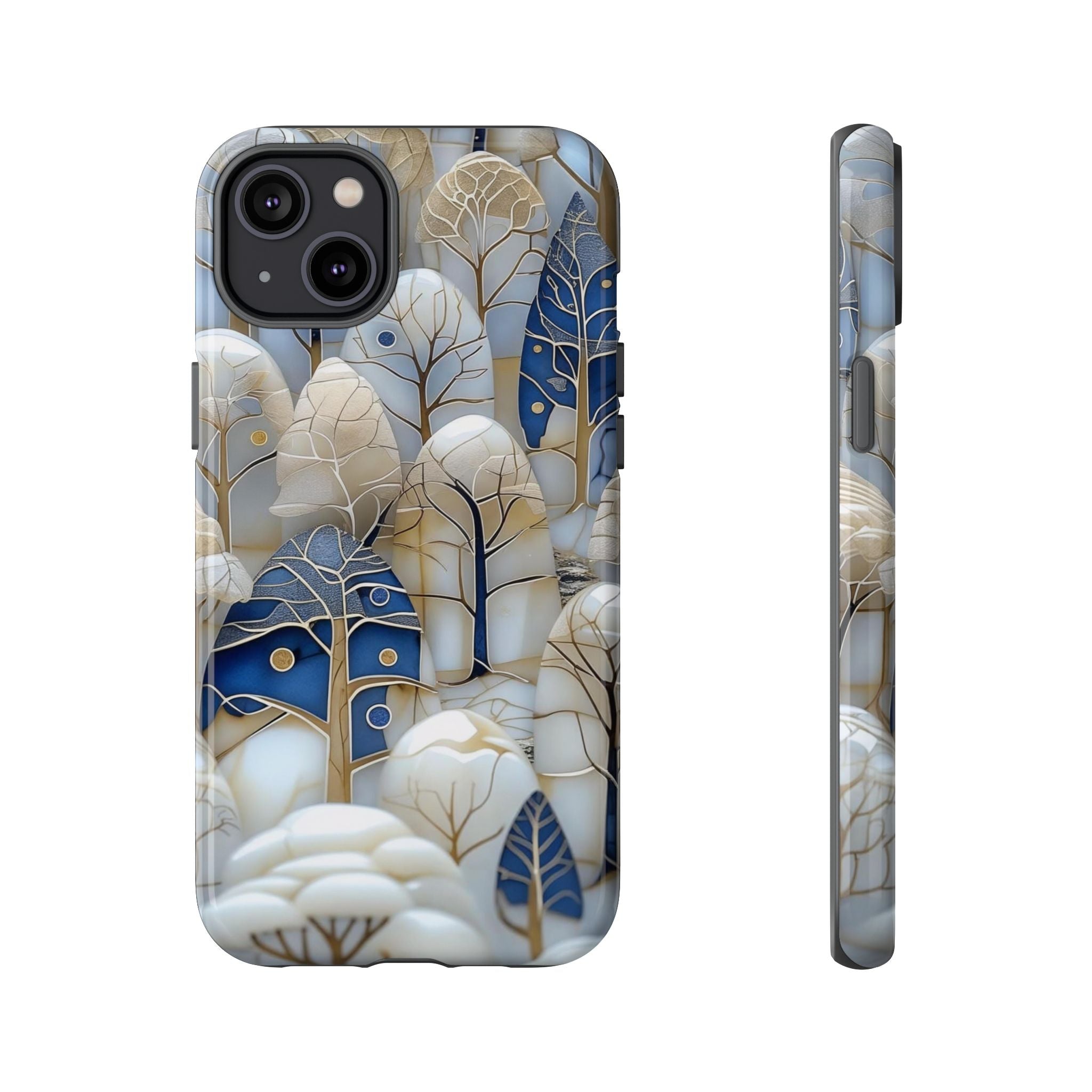 Blue Gold Winter Forest iPhone Case — Elegant Tree Pattern Tough Case