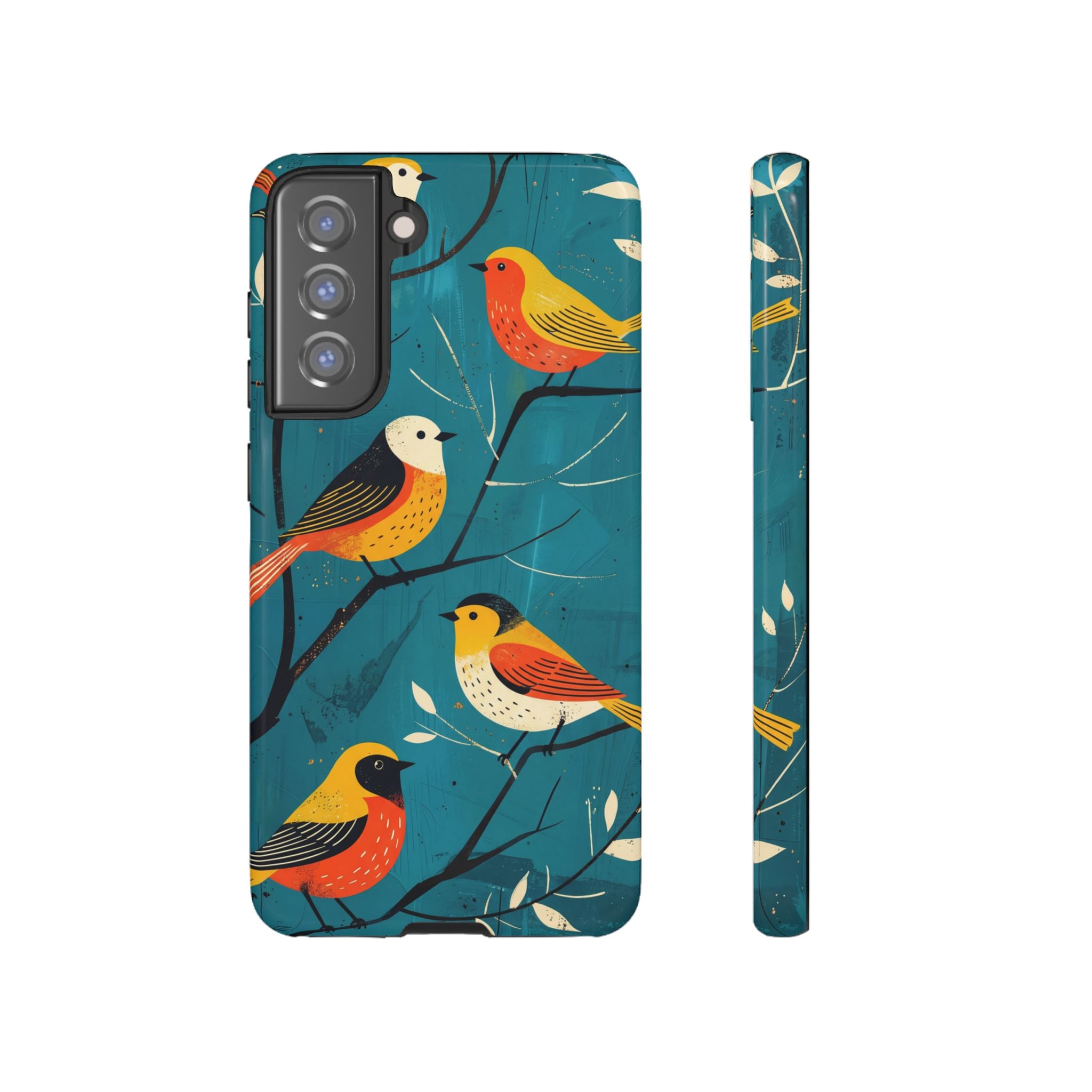 Bird Pattern Tough Samsung Galaxy Phone Case | Colourful Songbirds on Teal Background