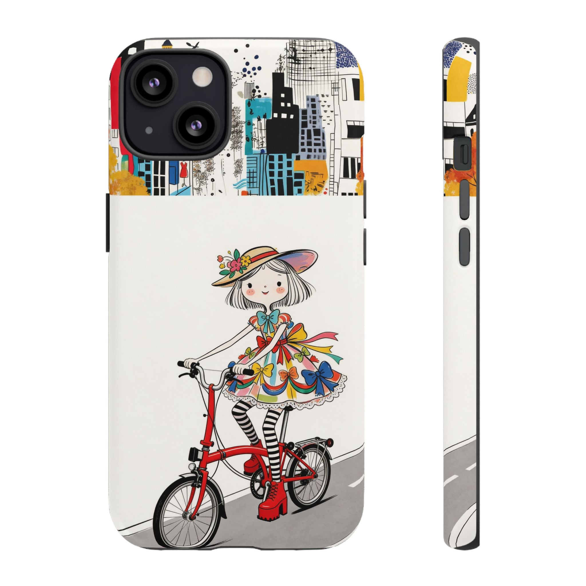 Whimsical Girl on Brompton Bicycle Urban Illustration iPhone Case
