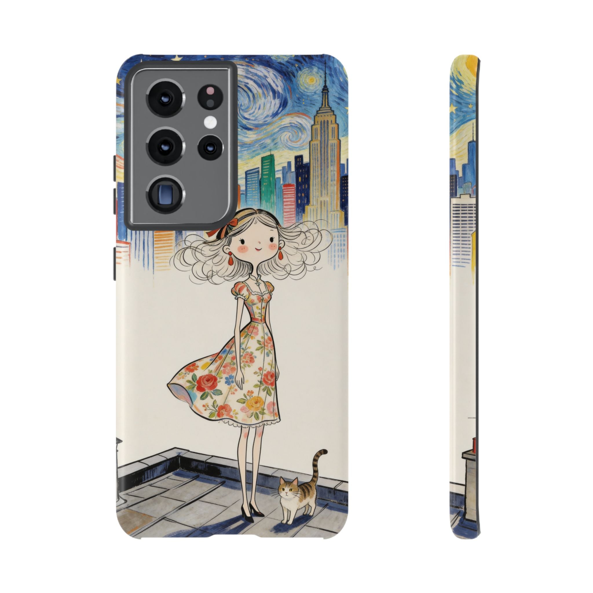 Artistic Girl Cityscape Samsung Galaxy Phone Case | Cute Floral Dress Rooftop Design