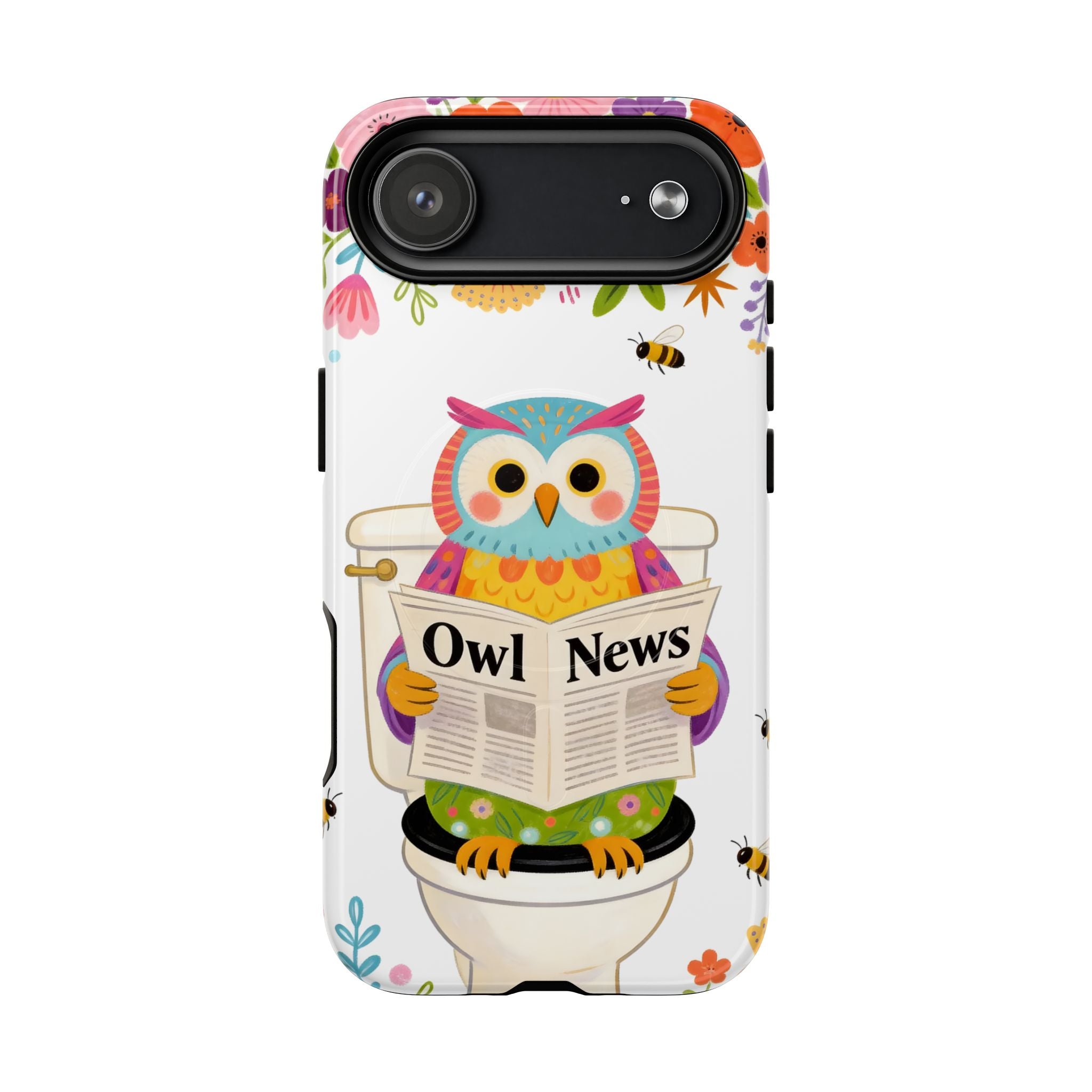 Owl News Floral MagSafe iPhone Case | Cute Owl Reading Newspaper on Toilet