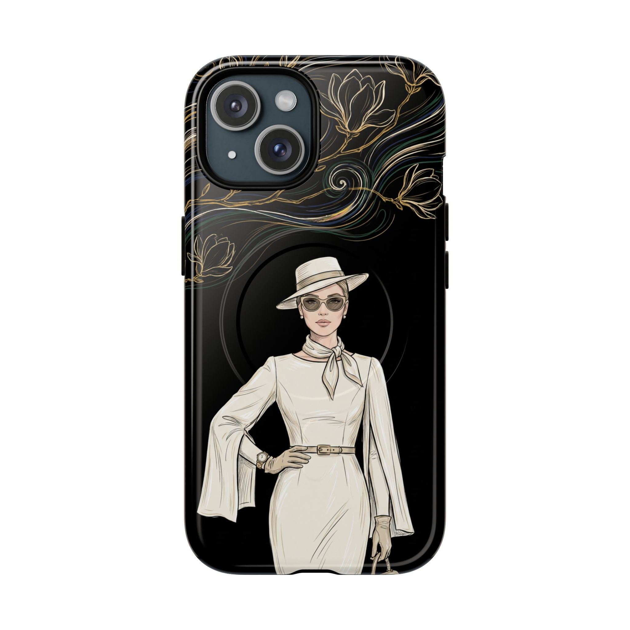 MagSafe iPhone Case | Elegant Vintage Lady with Gold Floral Swirls