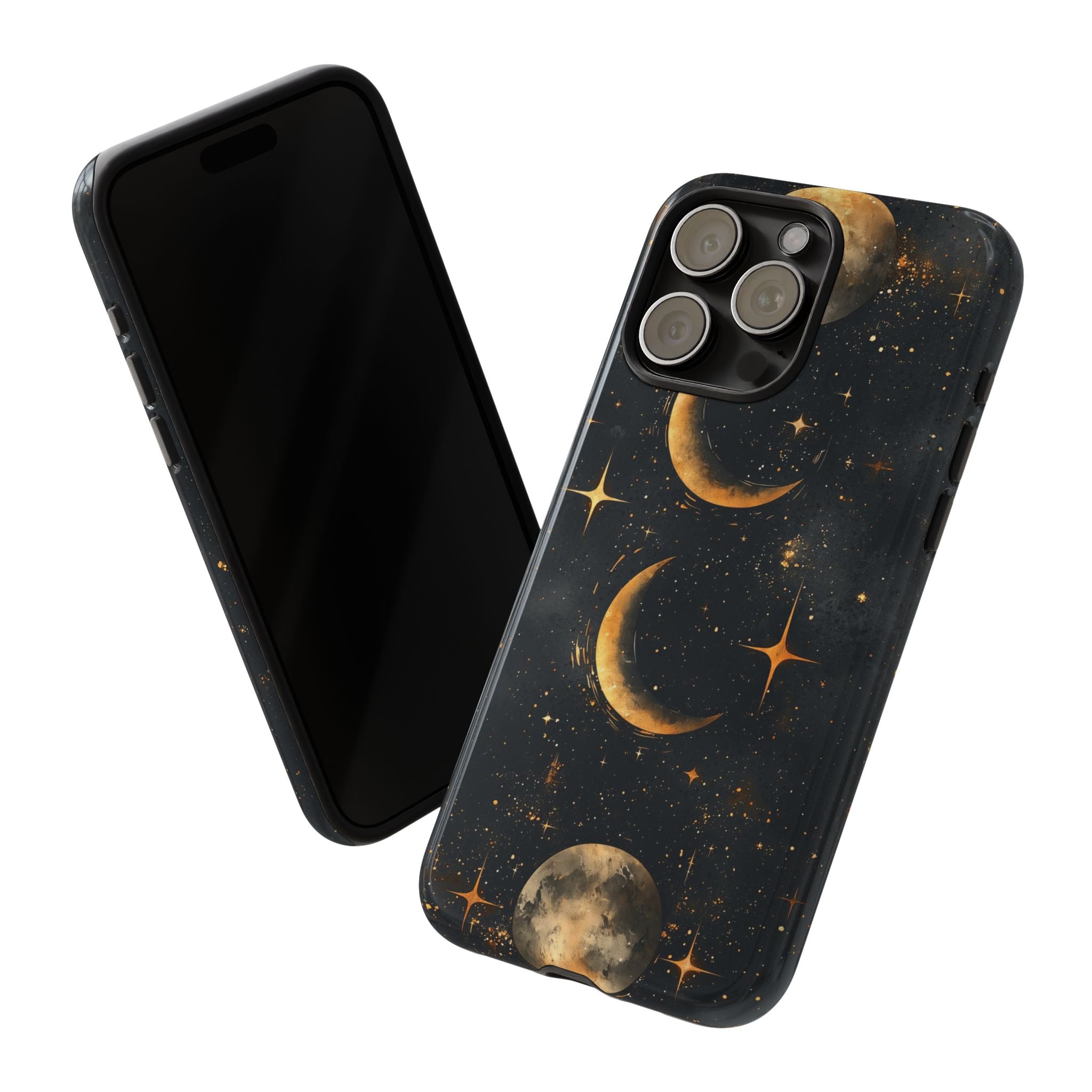 Celestial Moon Phases Tough iPhone Case | Gold Crescent & Full Moon Galaxy Design