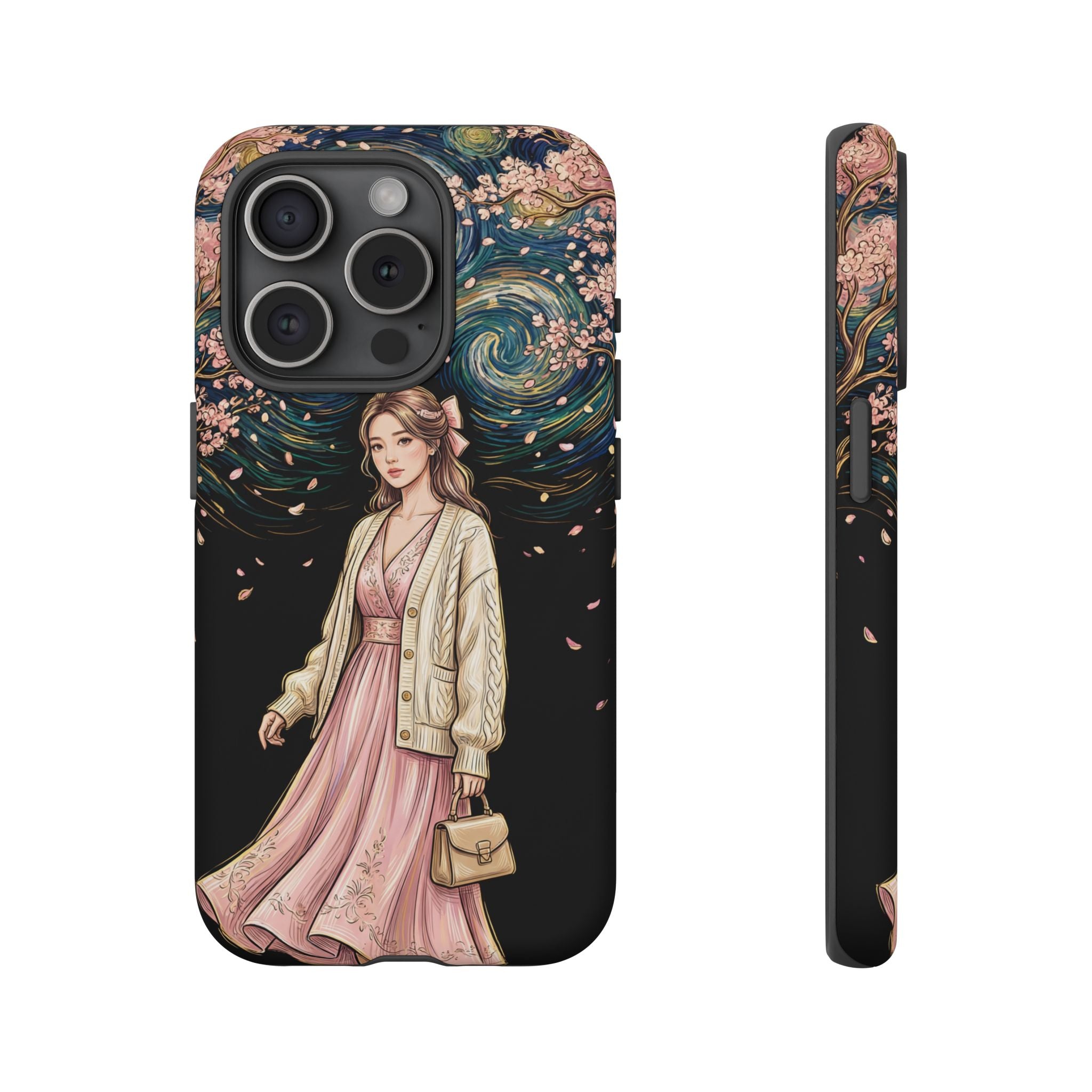 Floral Starry Night iPhone Case | Elegant Girl in Pink Dress